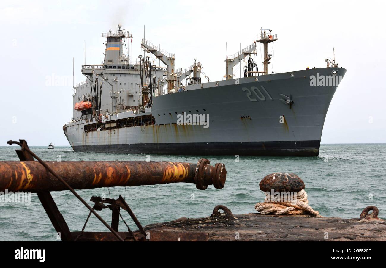 PORT OF DJIBOUTI, Djibouti (August 21, 2021) The Henry J. Kaiser-class fleet replenishment oiler USNS Patuxent (T-AO 201) arrives at the Port of Djibouti pier to receive an onload of supplies, an effort coordinated by Camp Lemonnier’s supply department, Aug. 21, 2021. Camp Lemonnier, Djibouti (CLDJ) serves as an expeditionary base for U.S. military forces providing, support to ships, aircraft, and personnel that ensure security throughout Europe, Africa and Southwest Asia. CLDJ enables maritime and combat operations in the Horn of Africa, while fostering positive U.S. – Africa relations. The b Stock Photo