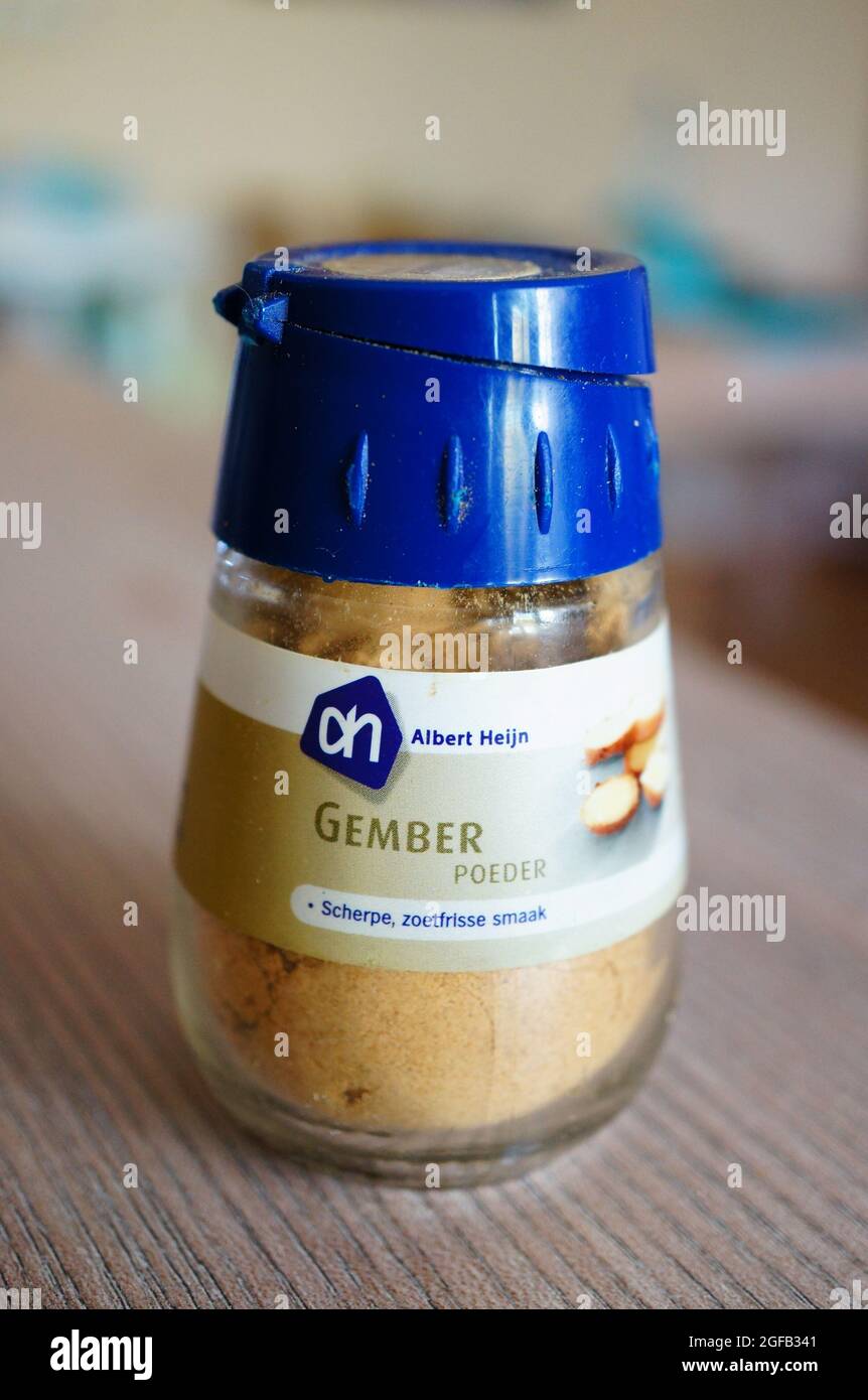 POZNAN, POLAND - Apr 23, 2015: A vertical shot of Albert Heijn ground ginger powder spice in plastic a jar Stock Photo