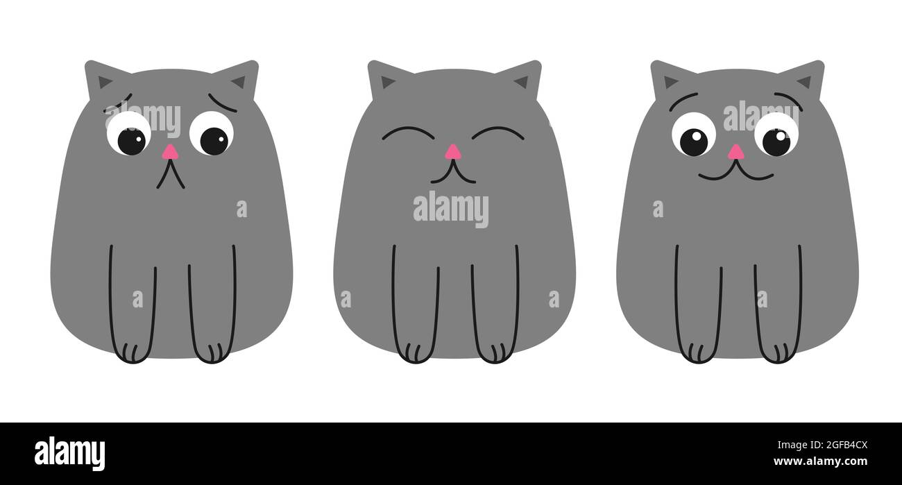 Cat cute grey set. Cats are smiling, satisfied, sad isolated on white  background. Flat and cartoon style. Fat funny minimalistic kittens with  different emotions and faces. Vector illustration Stock Vector Image &