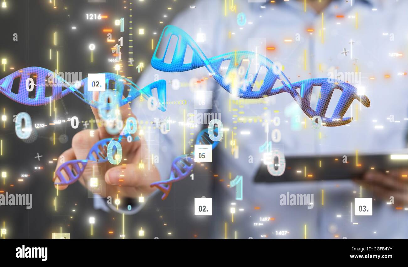 Businessman holding a render of DNA sequences and binary code Stock ...