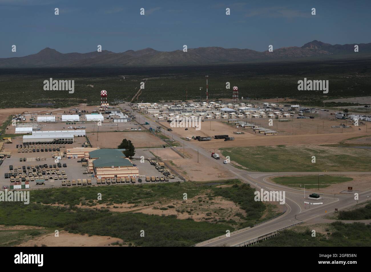 Area photo of the progression of Dona Ana Housing Area near Fort Bliss, Texas, Aug. 22, 2021. The Department of Defense, in support of the Department of State, is providing transportation and temporary housing in support of Operation Allies Refuge. This initiative follows through on America's commitment to Afghan citizens who have helped the United States, and provides them essential support at secure locations outside Afghanistan. (U.S. Army photo by Spc. Elijah Ingram) Stock Photo