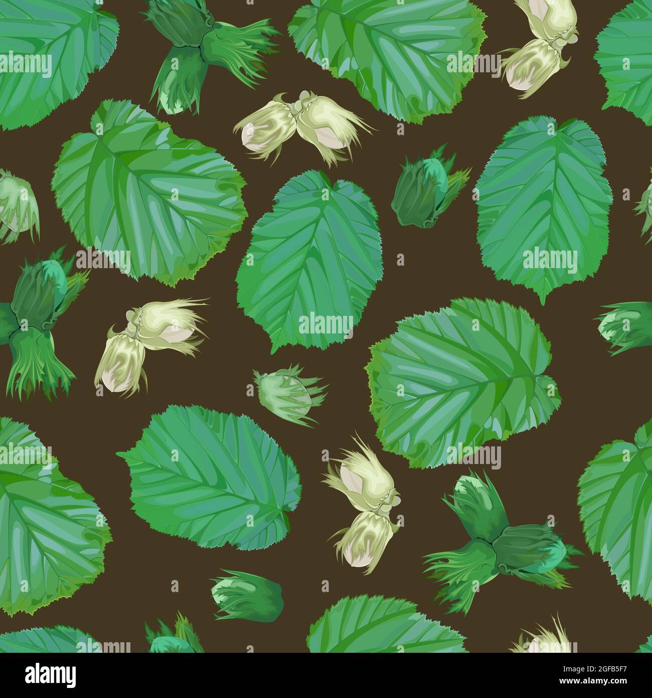 seamless pattern with hazelnuts and foliage on brown background Stock Vector