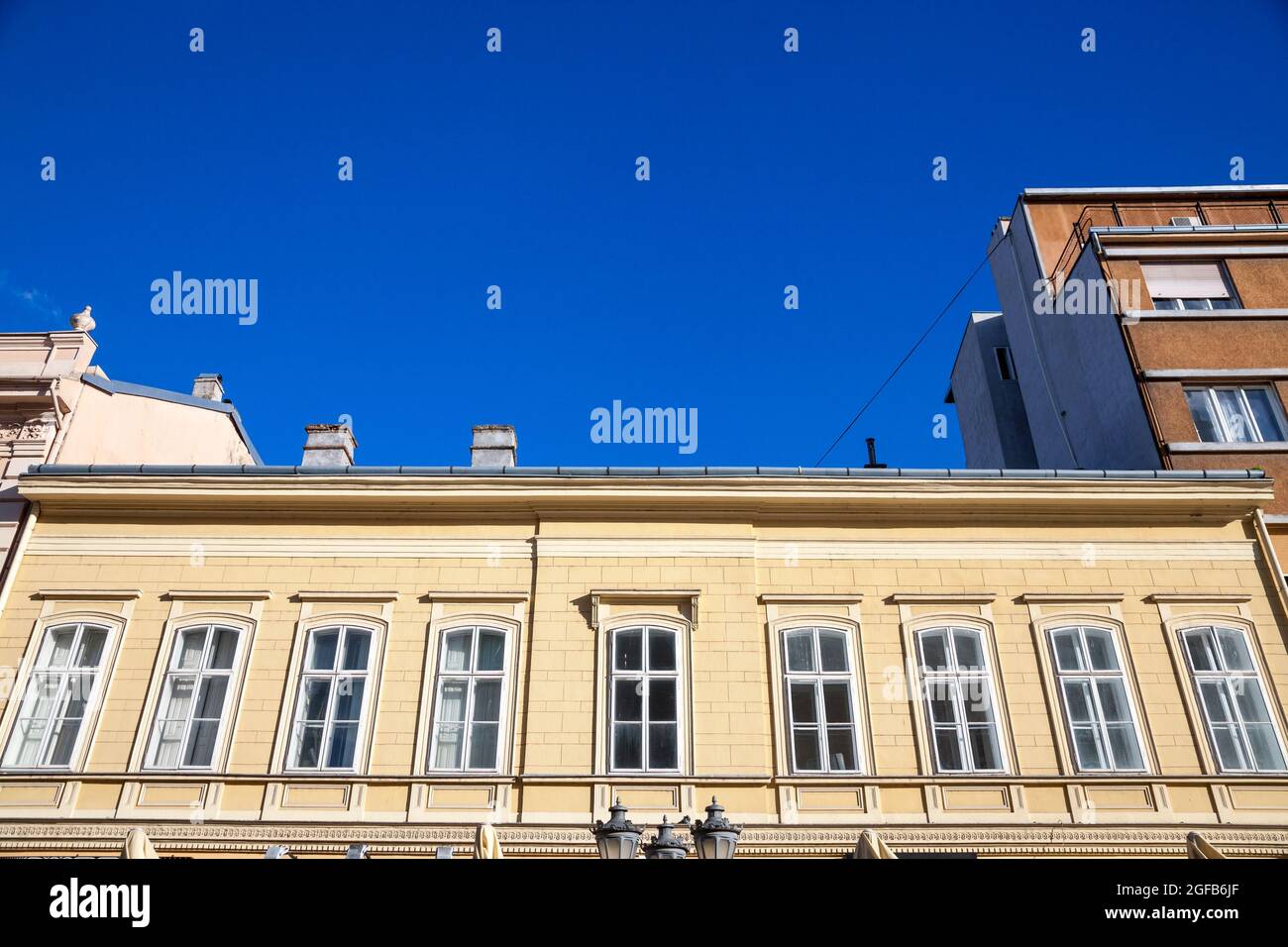 Picture of facades in the old town of Belgrade, Serbia, called stari grad, abiding by the rules of Austro-Hungarian architecture. The old town of Belg Stock Photo