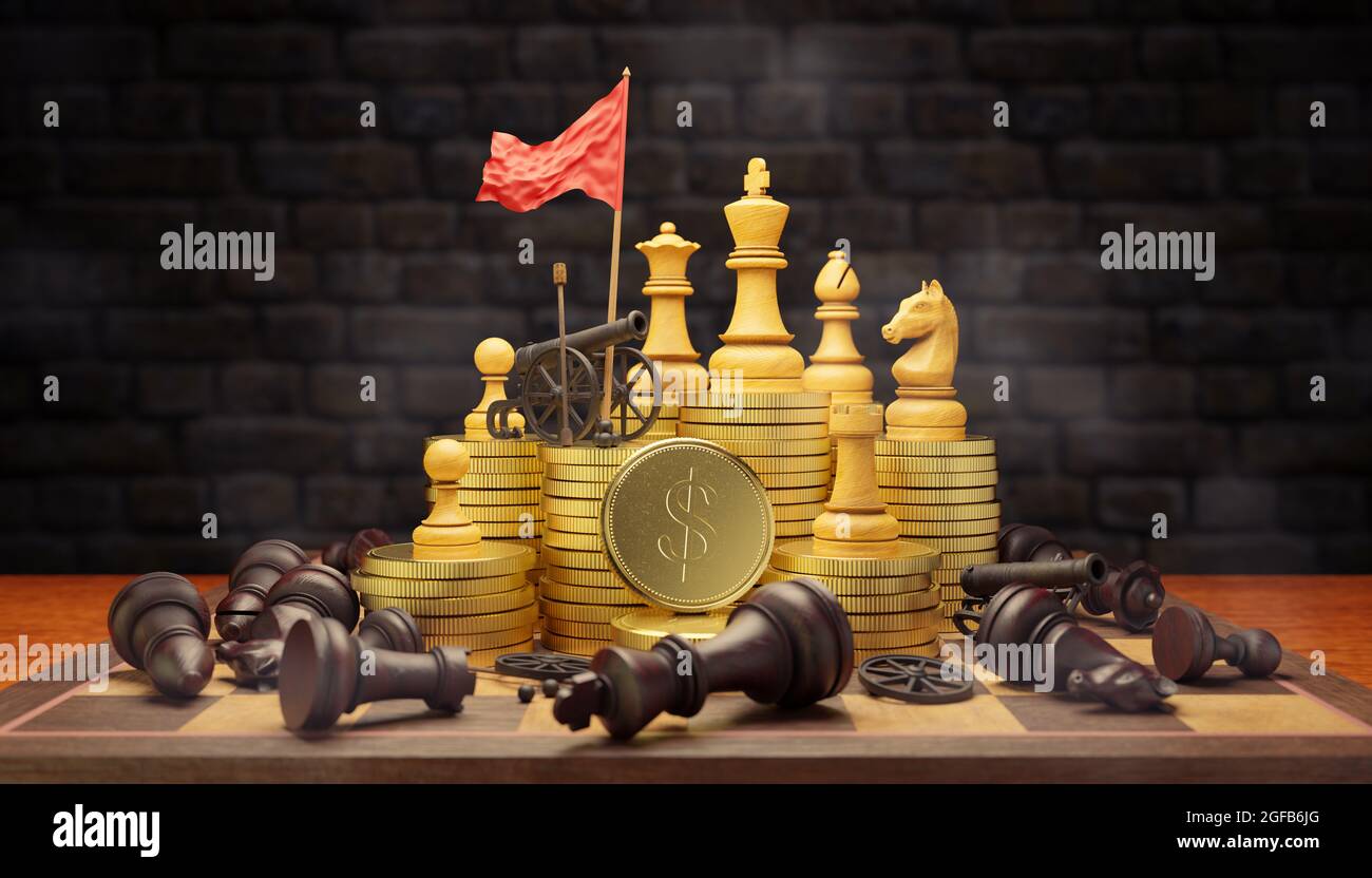 Bright chess with cannon and red victory flags on gold coins in dark brick background. Dark