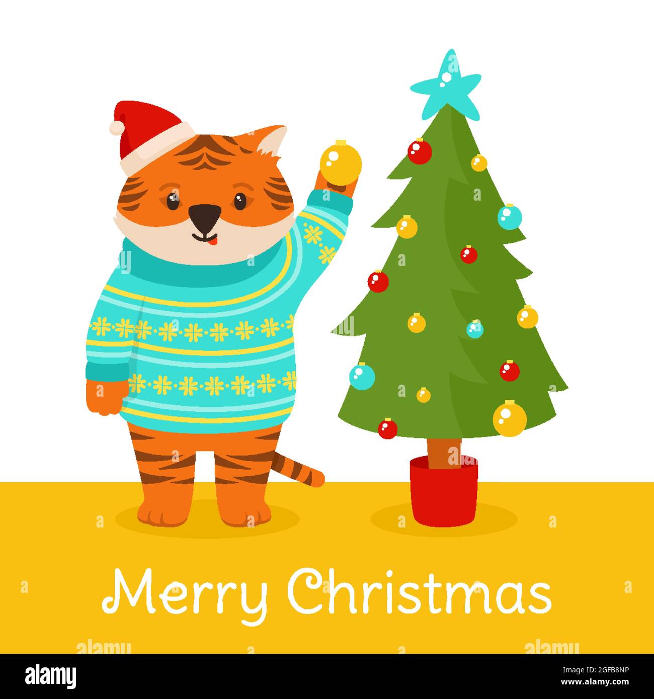 Christmas card with Tiger mascot new year. Animal tiger in Santa hat with Christmas tree cartoon flat postcard. Banner comic cute stripe big cat, clipart symbol Happy New year vector Stock Vector