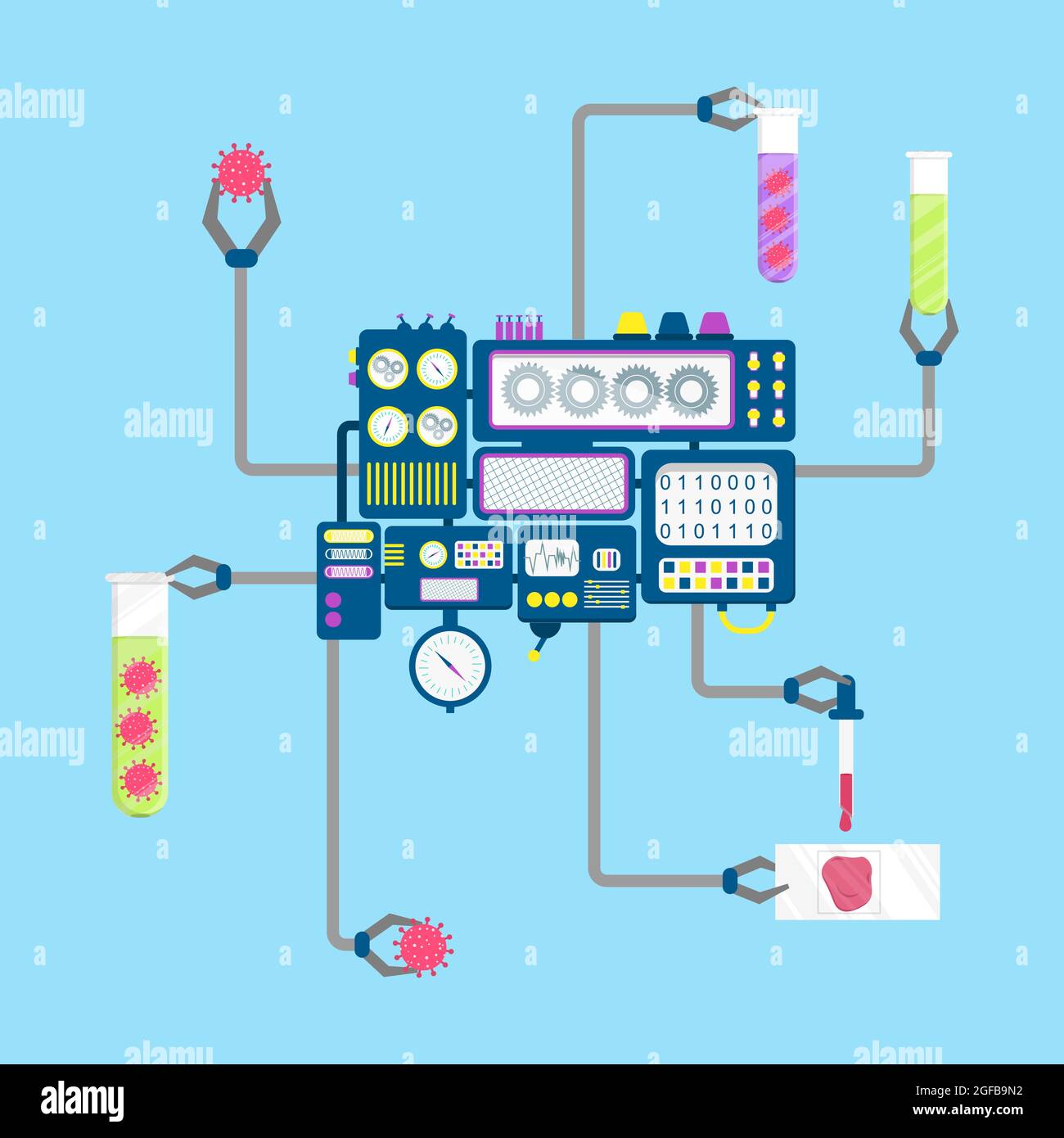 Machine with claws manipulating virus in laboratory. Sample in test tube and glass plate. Stock Vector