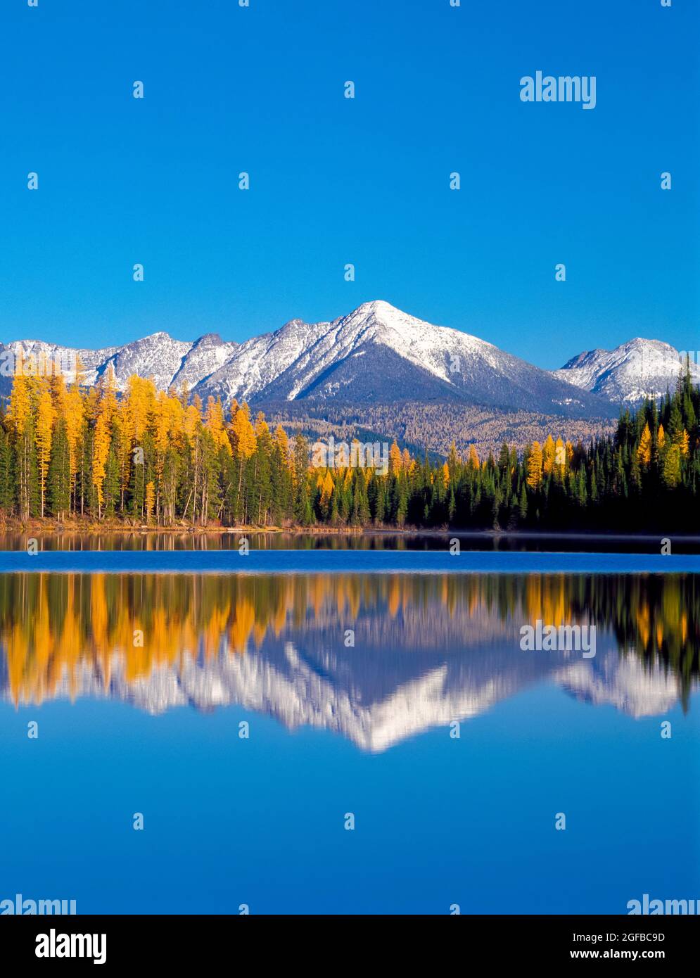 lake marshall and distant peaks of the swan range in autumn near seeley lake, montana Stock Photo