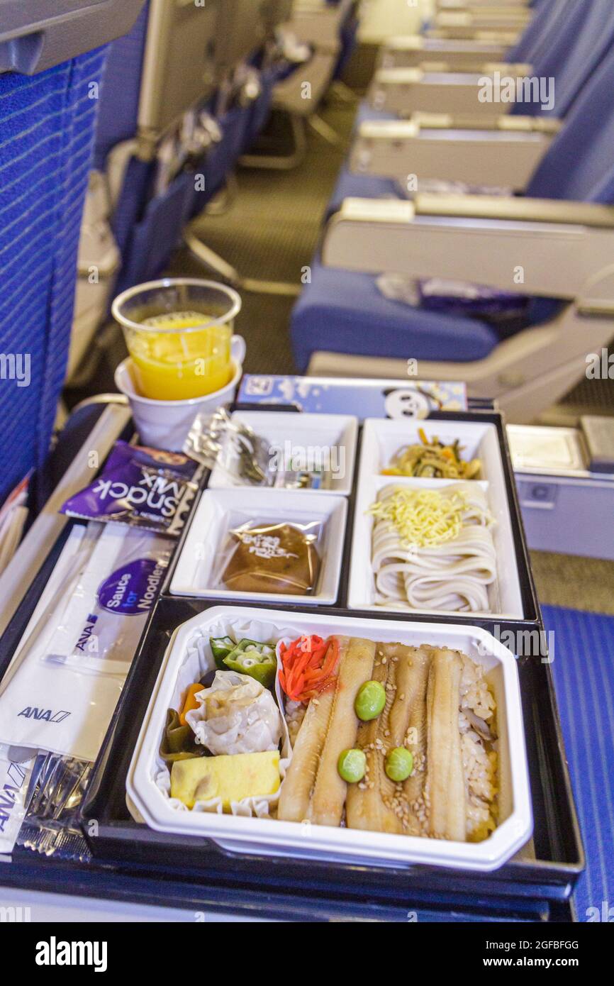 Japan Tokyo,Narita International Airport ANA Al Nippon Airways inflight passenger cabin,airline food meal tray noodles dumpling bamboo shoots, Stock Photo