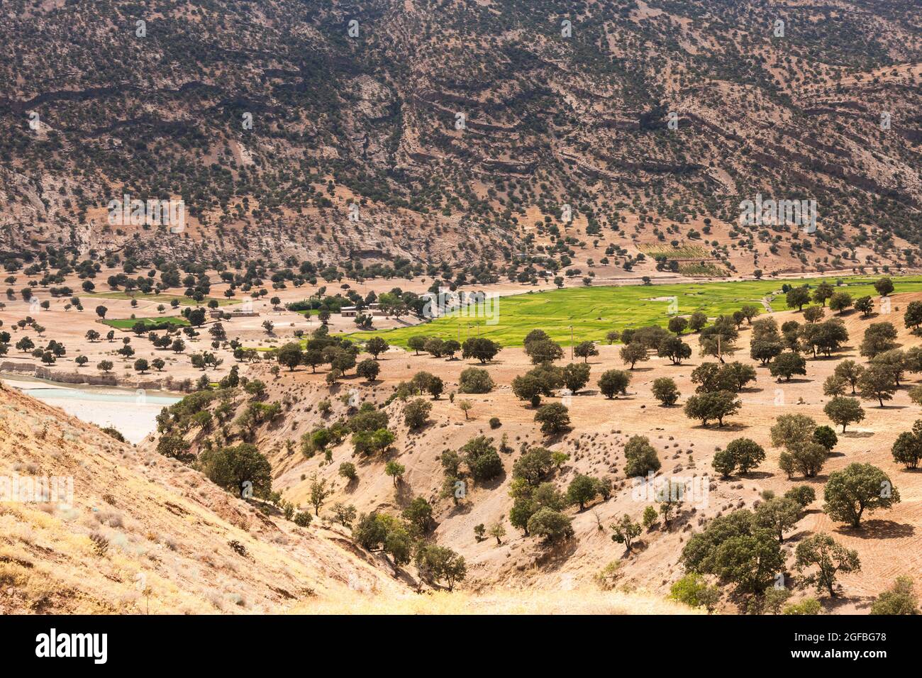 Agricultural field at riverside on highland, Persian Royal Road, road 55, Alexander the great, suburb of  Yasuj, Iran, Persia, Western Asia, Asia Stock Photo