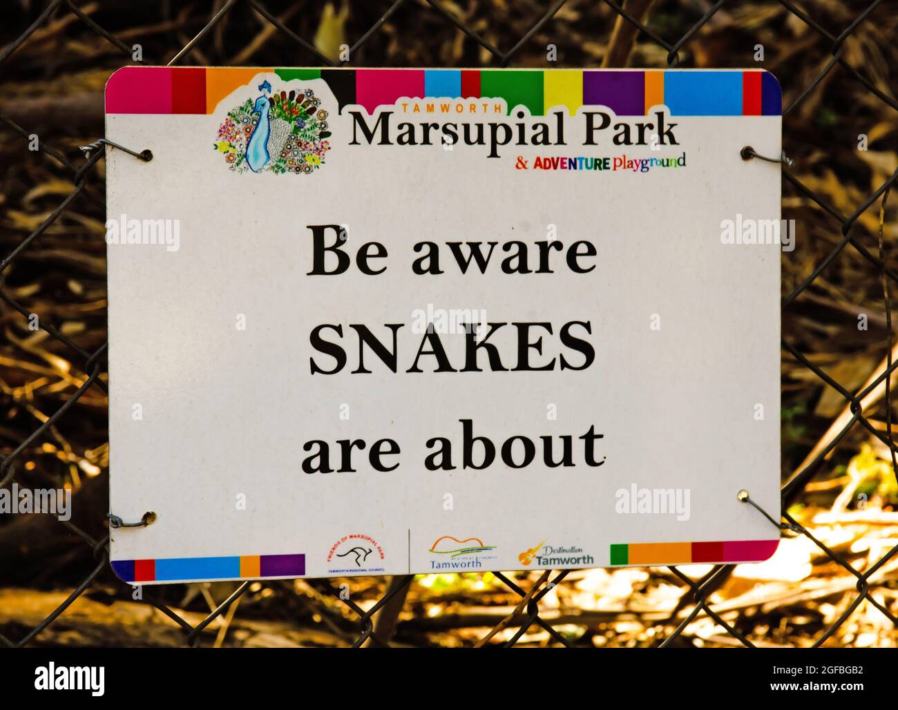 Be aware Snakes are about Sign on bush track at Marsupial Park Tamworth Australia. Stock Photo
