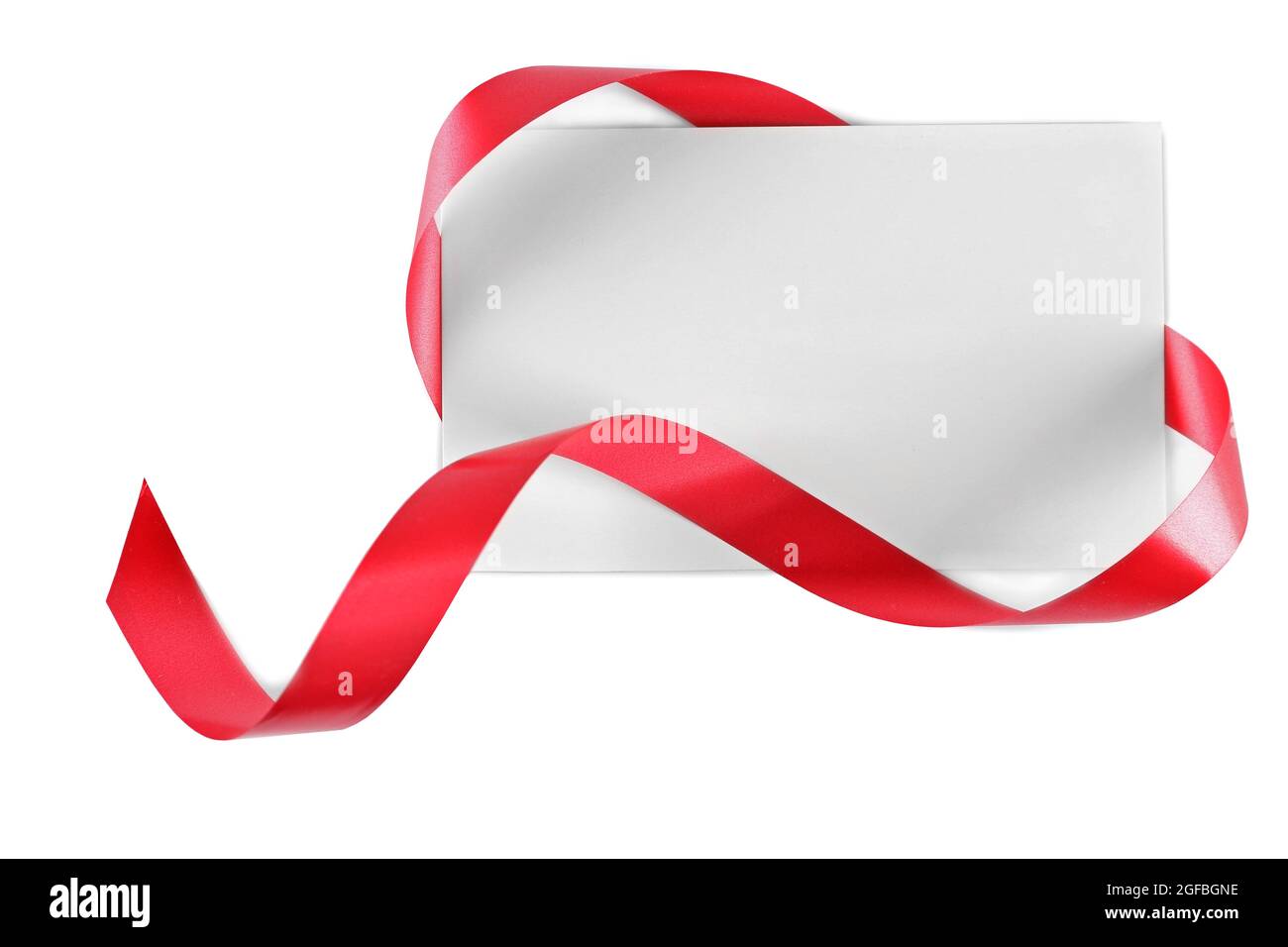 Note card with red ribbon on white background Stock Photo - Alamy