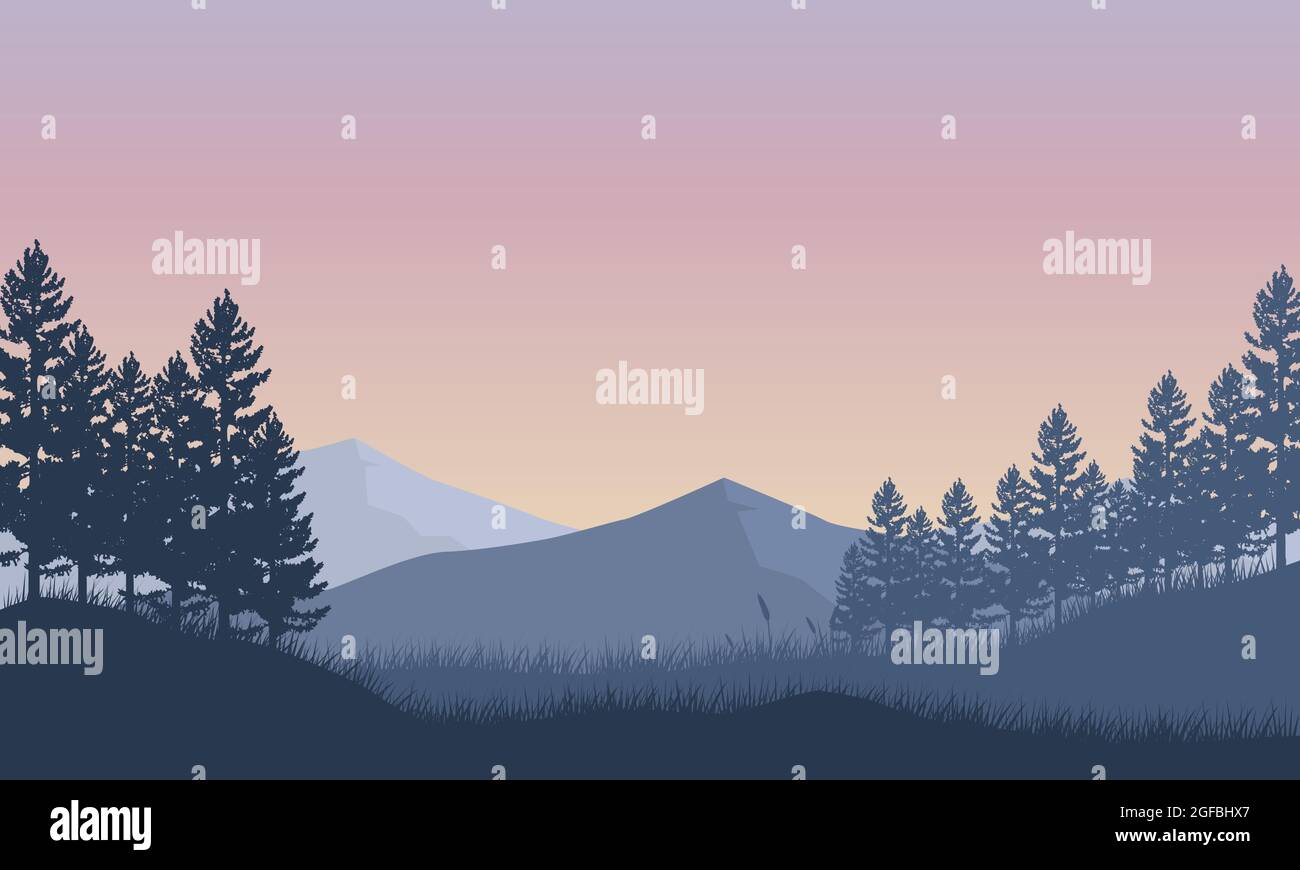 The freezing morning atmosphere in the countryside with a magnificent view of the mountains at sunrise. Vector illustration of a city Stock Vector