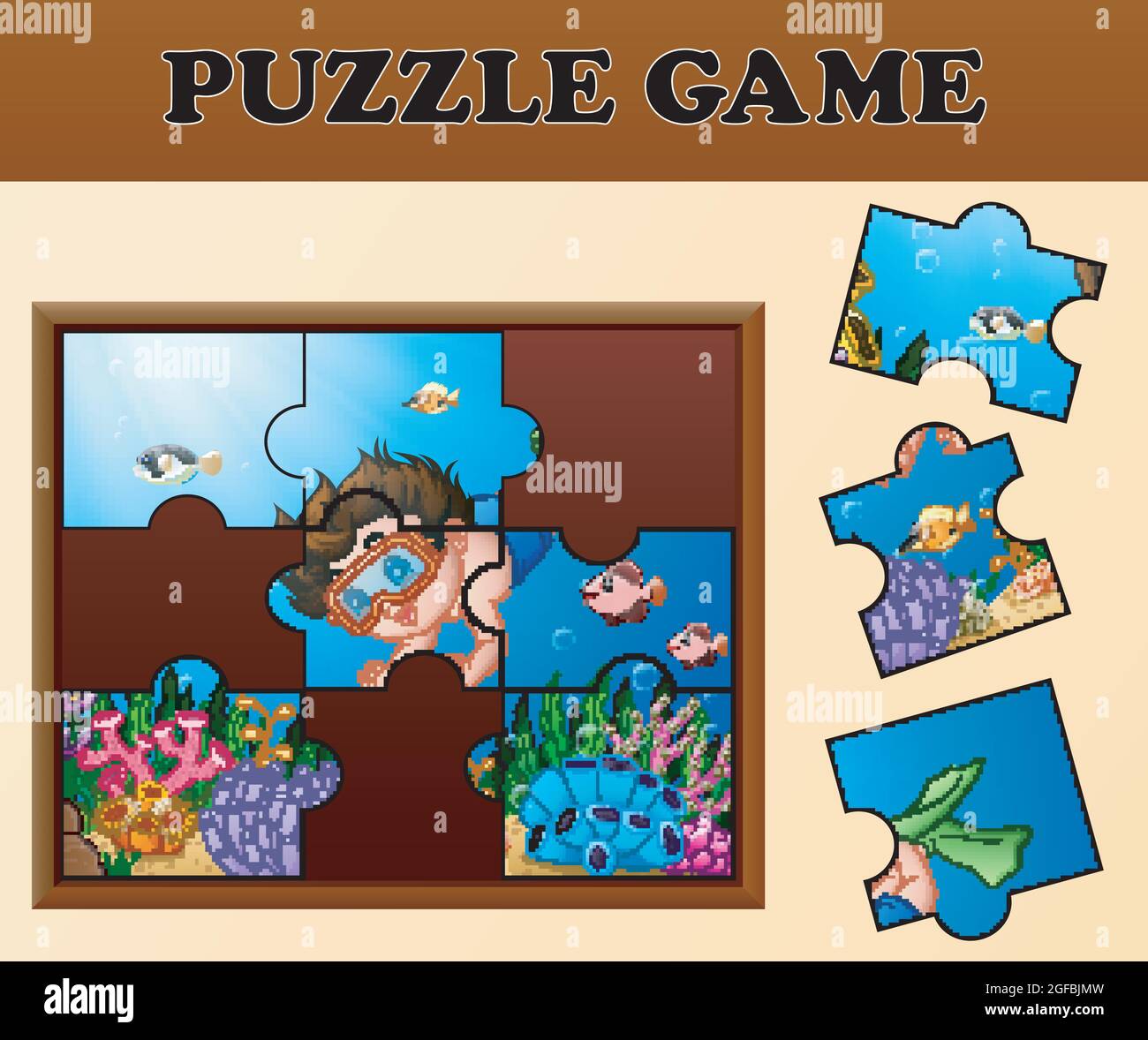 Educational puzzle game for preschool children with Cartoon boy diving