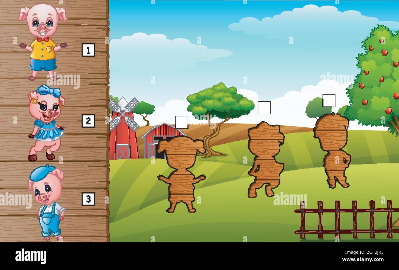 Cute three little pigs collection set. Find the correct shadow on board