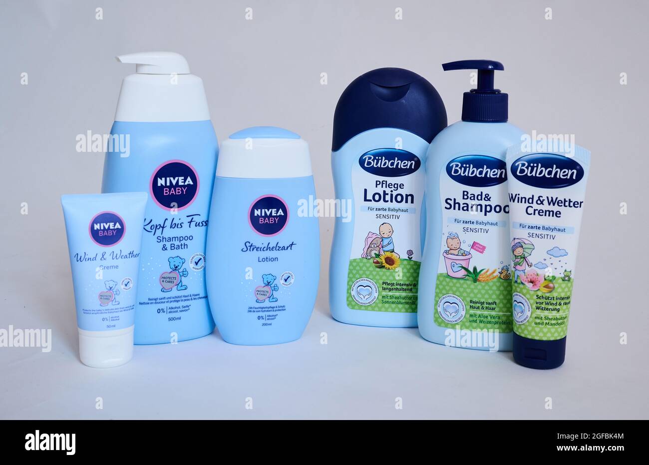Berlin, Germany. 24th Aug, 2021. ILLUSTRATION - Different care products for  babies of the brands Bübchen (right side) and Nivea. The baby care  manufacturer Bübchen, which belongs to Katjes, accuses competitor Beiersdorf