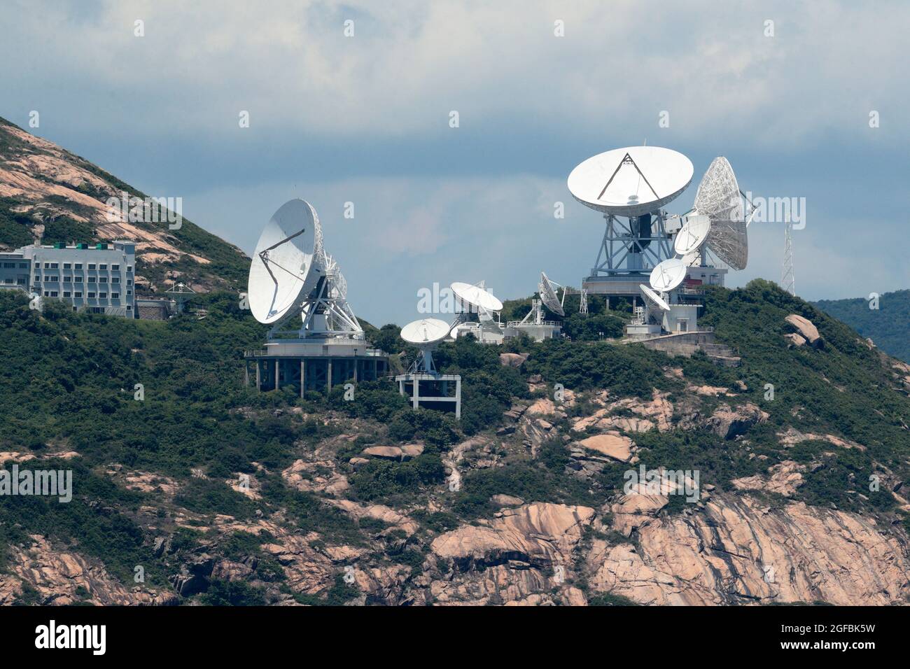Radio wave receiver dishes, Chung Hom Kok, south Hong Kong Island, Hong Kong, China 22 August 2021 Stock Photo