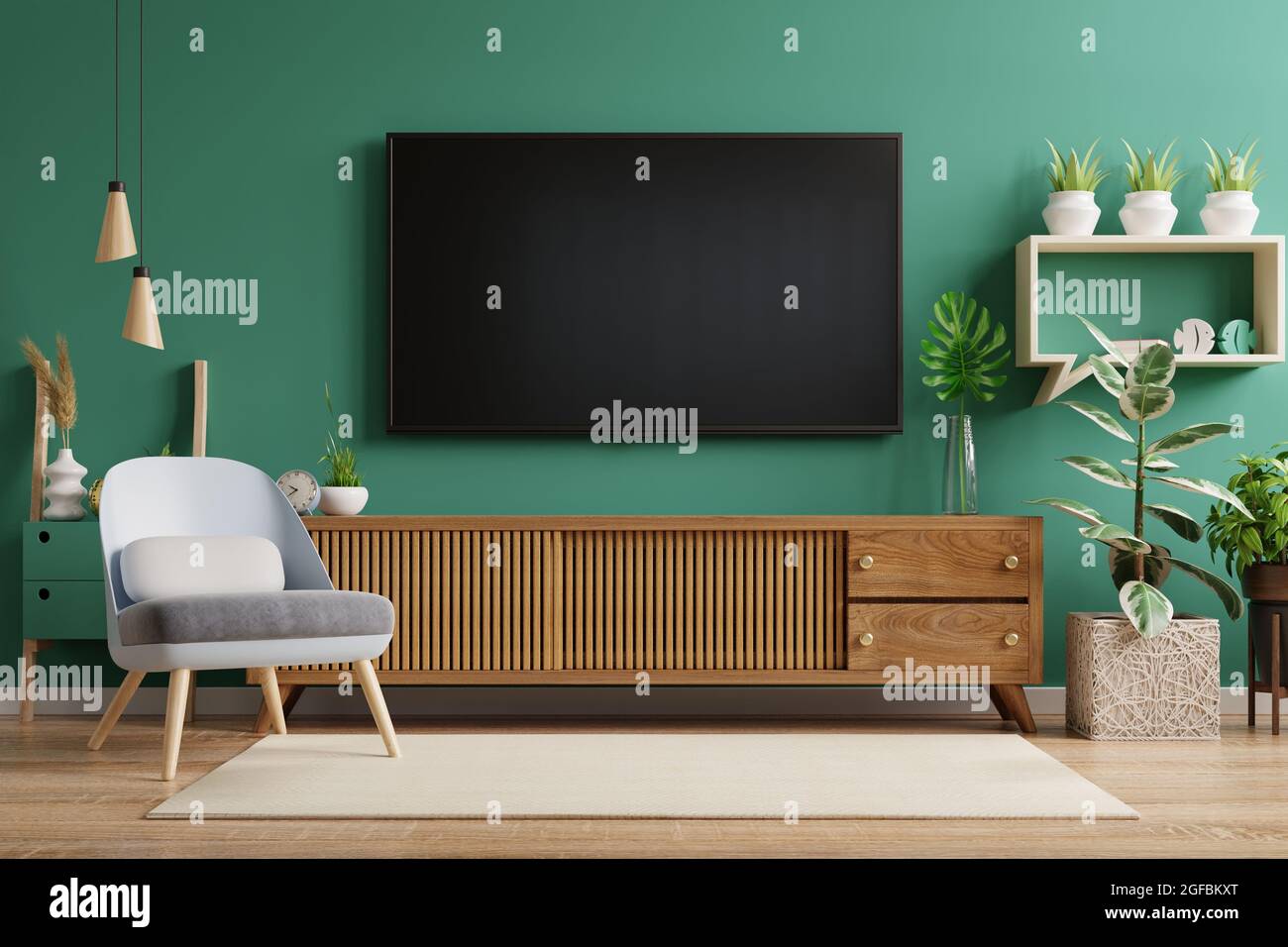 Living room interior have tv cabinet and leather armchair with green wall.3d rendering Stock Photo