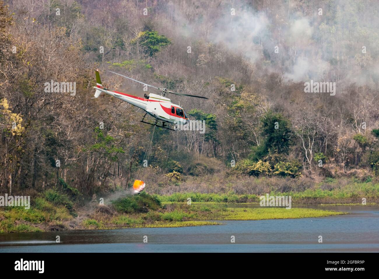 Fire fighting helicopter carry water for extinguish forest fire Stock