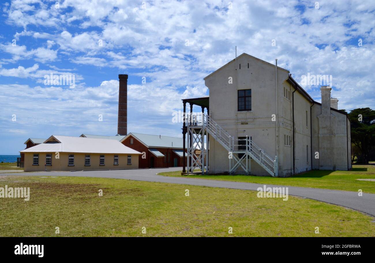 Wooden hospital building and boiler steam plant with brick chimney at historic Quarantine Station museum site near Portsea on the Mornington Peninsula Stock Photo