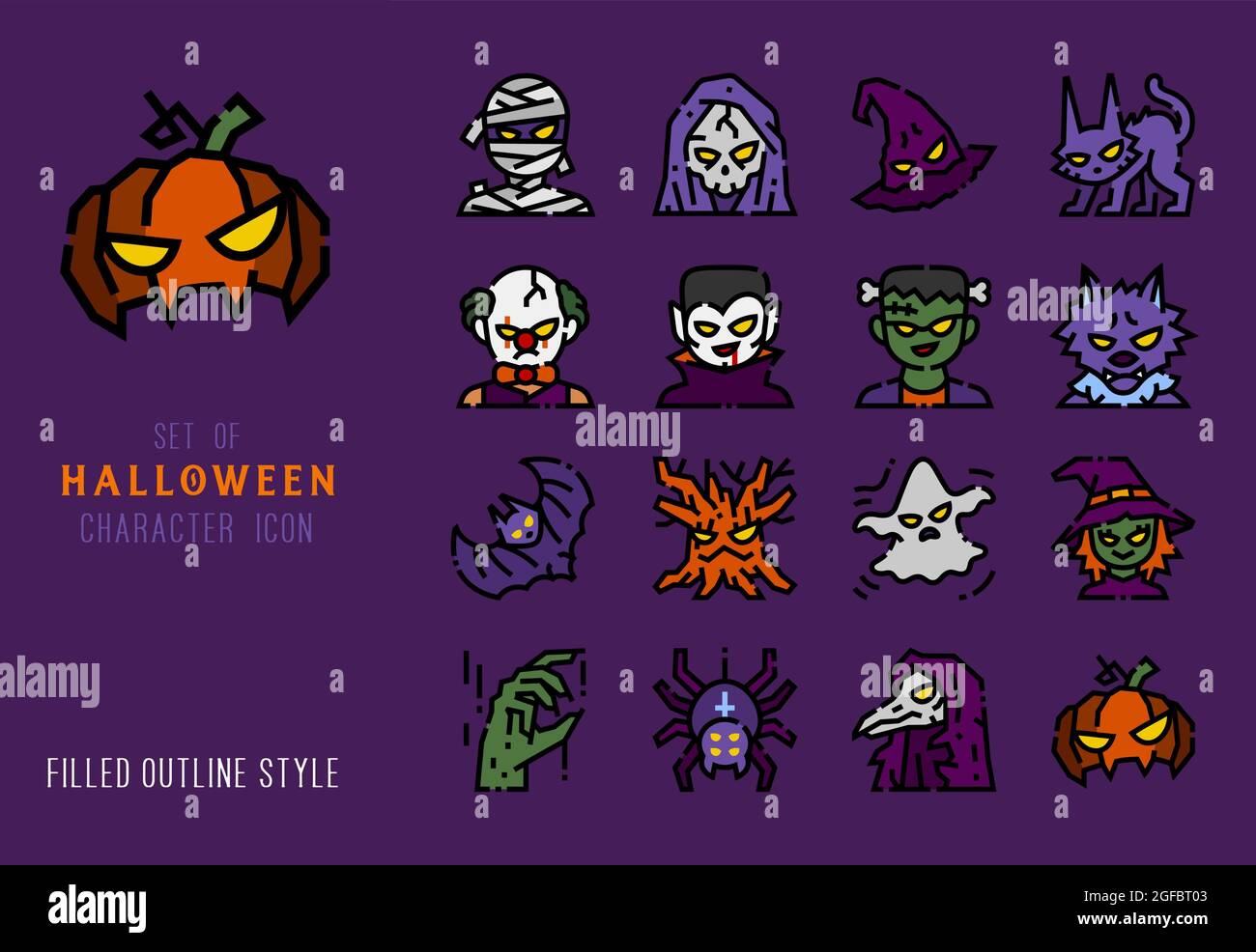 Halloween character colored line icon set for decoration. Filled