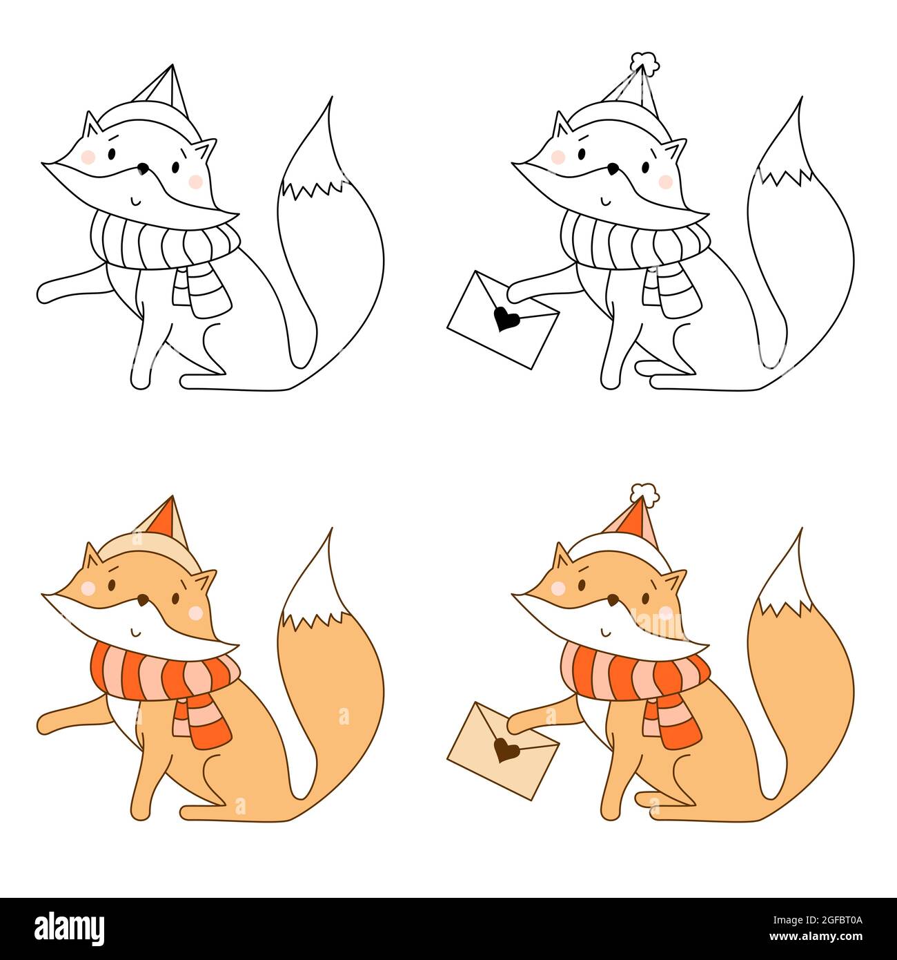 Collection of winter fox in a scarf and hat and with an envelope. Animal character - color and line drawing, outline. Vector illustration. For kids Stock Vector