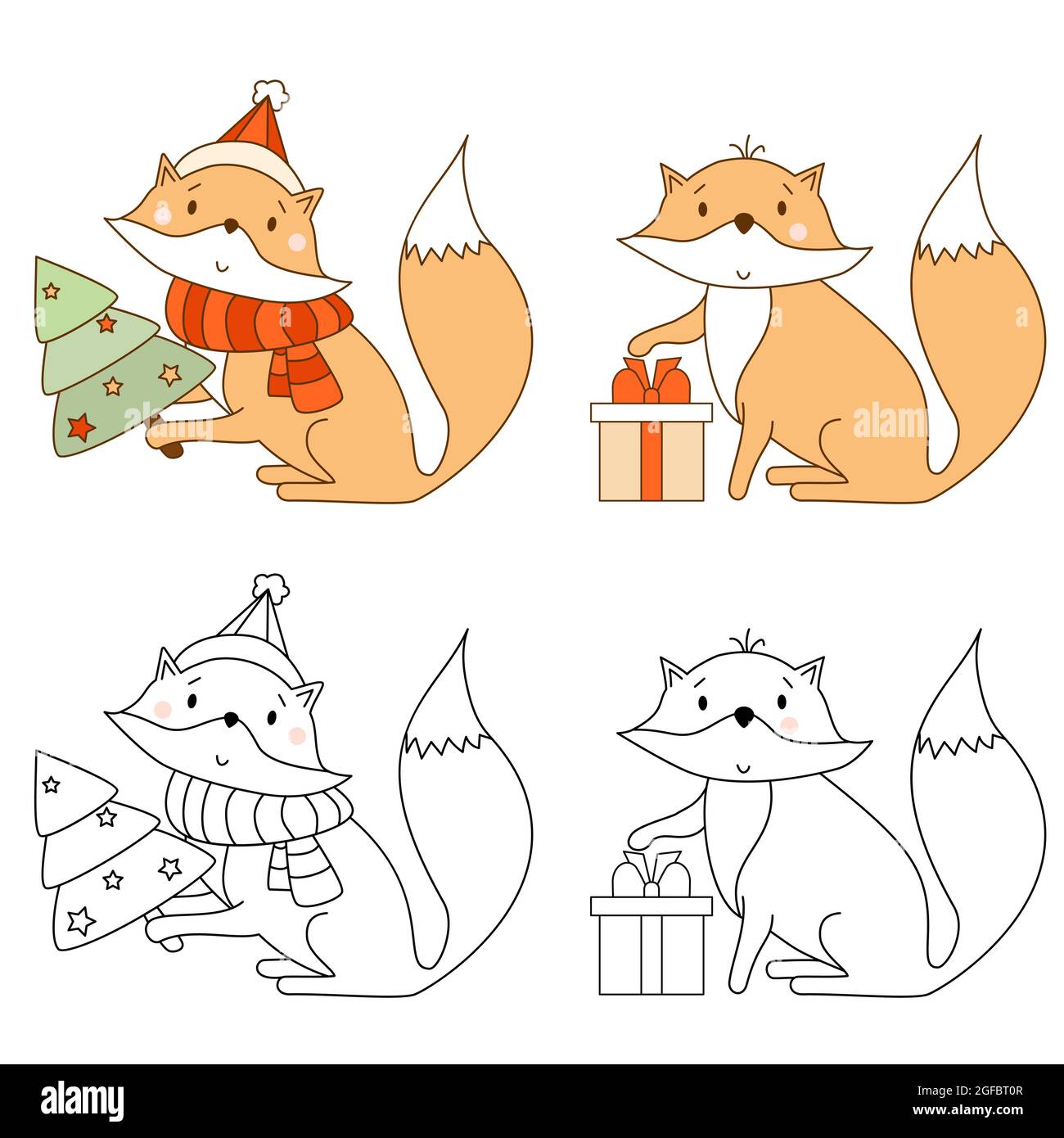 Set of cute fox in a scarf and a hat with a Christmas tree and a gift box. Animal - color and line drawing, outline. Vector illustration for kids Stock Vector