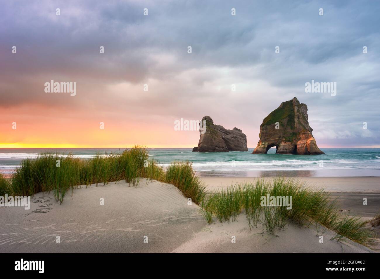 Sand dunes and Archway Islands, Wharariki Beach, Puponga, Golden Bay, South Island, New Zealand