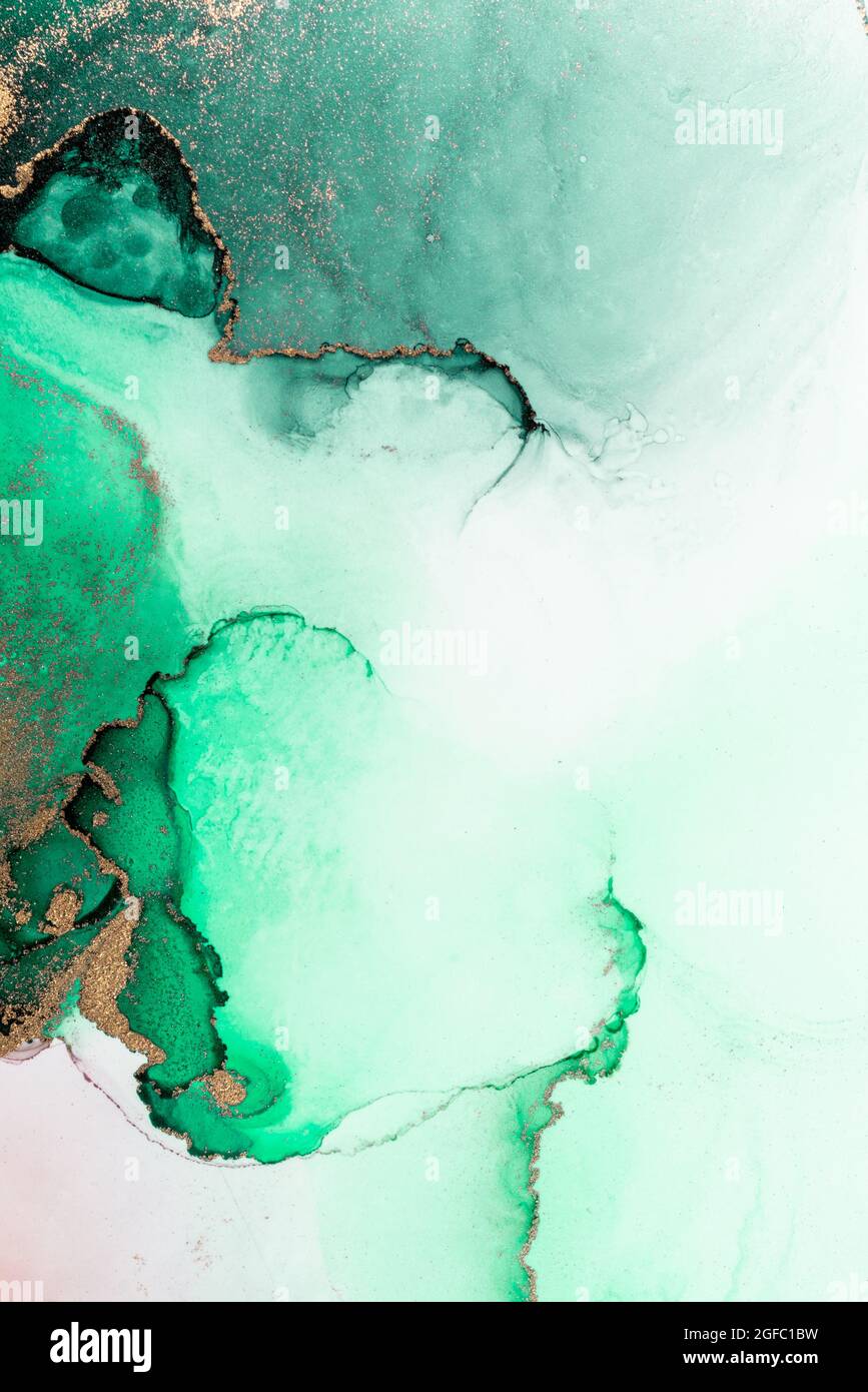 Green gold abstract background of marble liquid ink art painting on