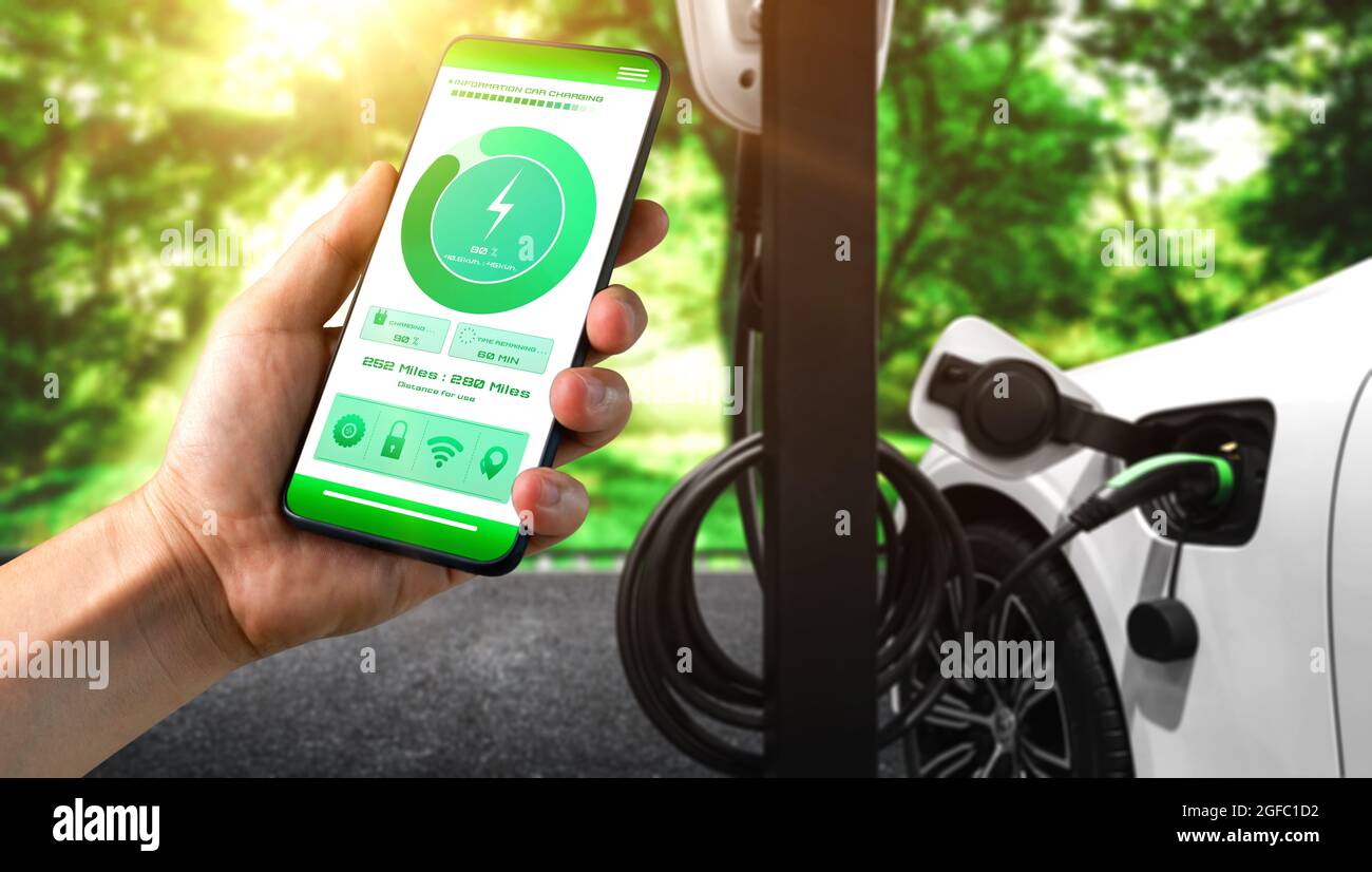 EV charging station for electric car with mobile app display charger