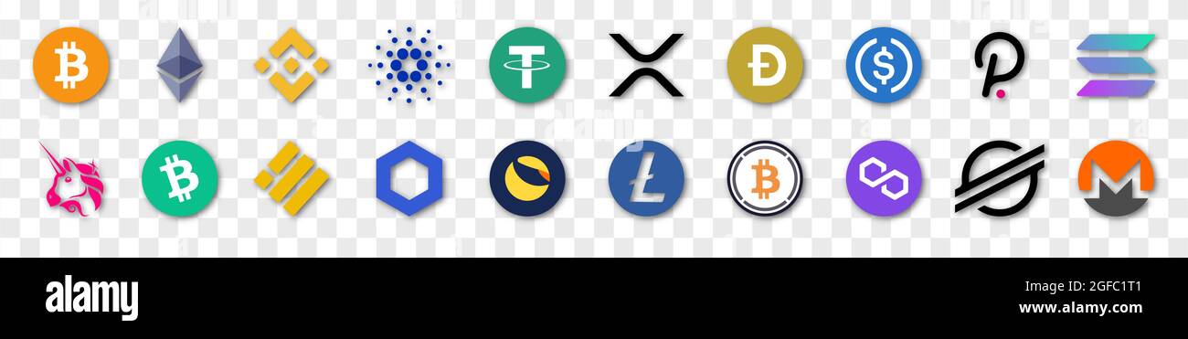 Vinnytsia, Ukraine - August 18, 2021. Set of Cryptocurrency Logos. Bitcoin, Ethereum, Binance, Tether, XRP, Polkadot, Cardano, Uniswap, Litecoin, Chai Stock Vector
