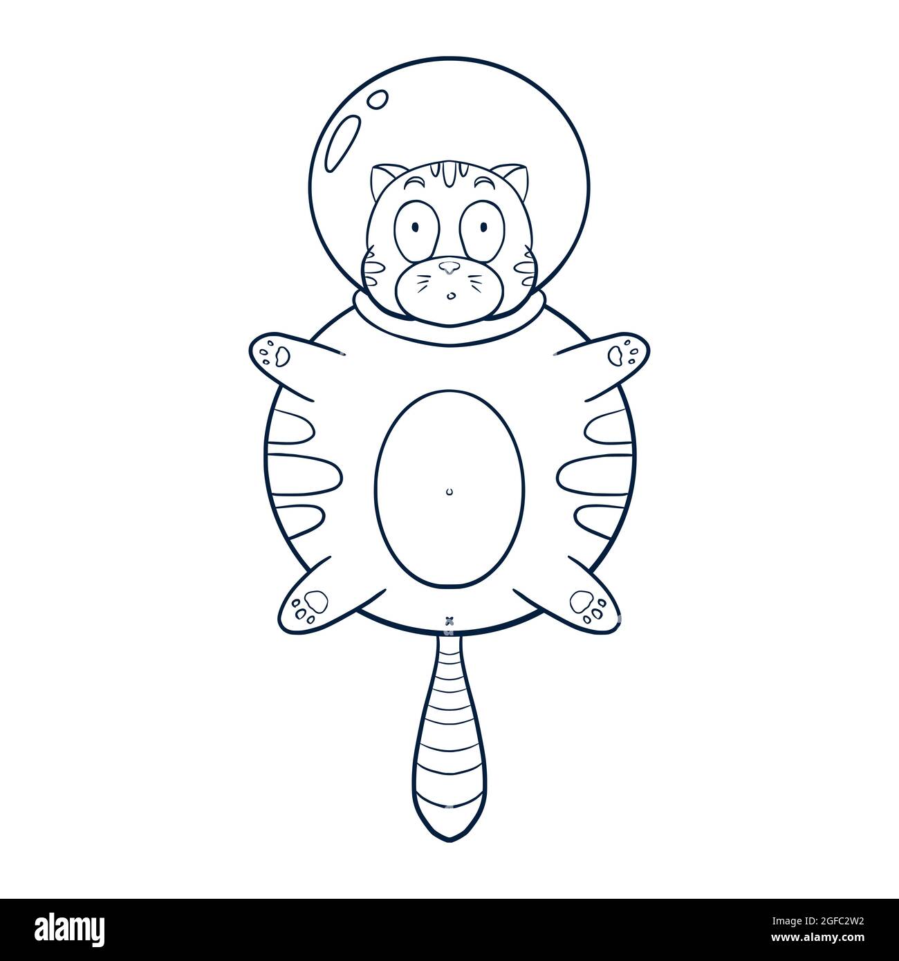 Line Art Cosmic Cat Illustration. Funny animal astronaut sketch for logo, kids graphic tees, prints, stickers, coloring book and nursery decor Stock Vector