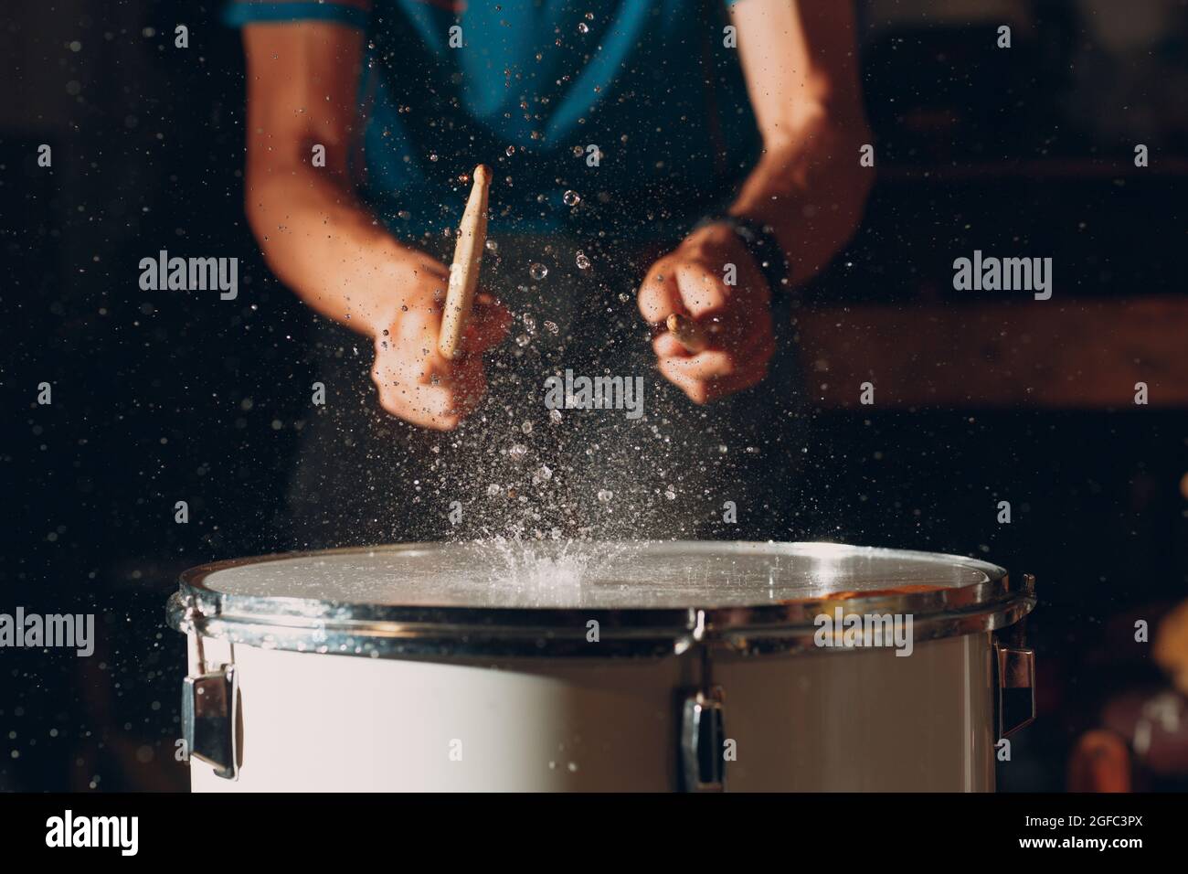 Close up drum sticks drumming hit beat rhythm on drum surface with ...