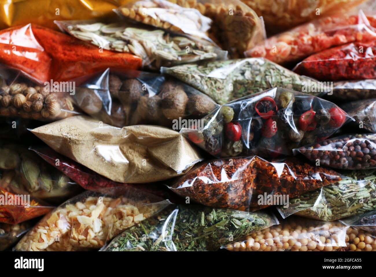Different spices in plastic zipper bags Stock Photo Alamy