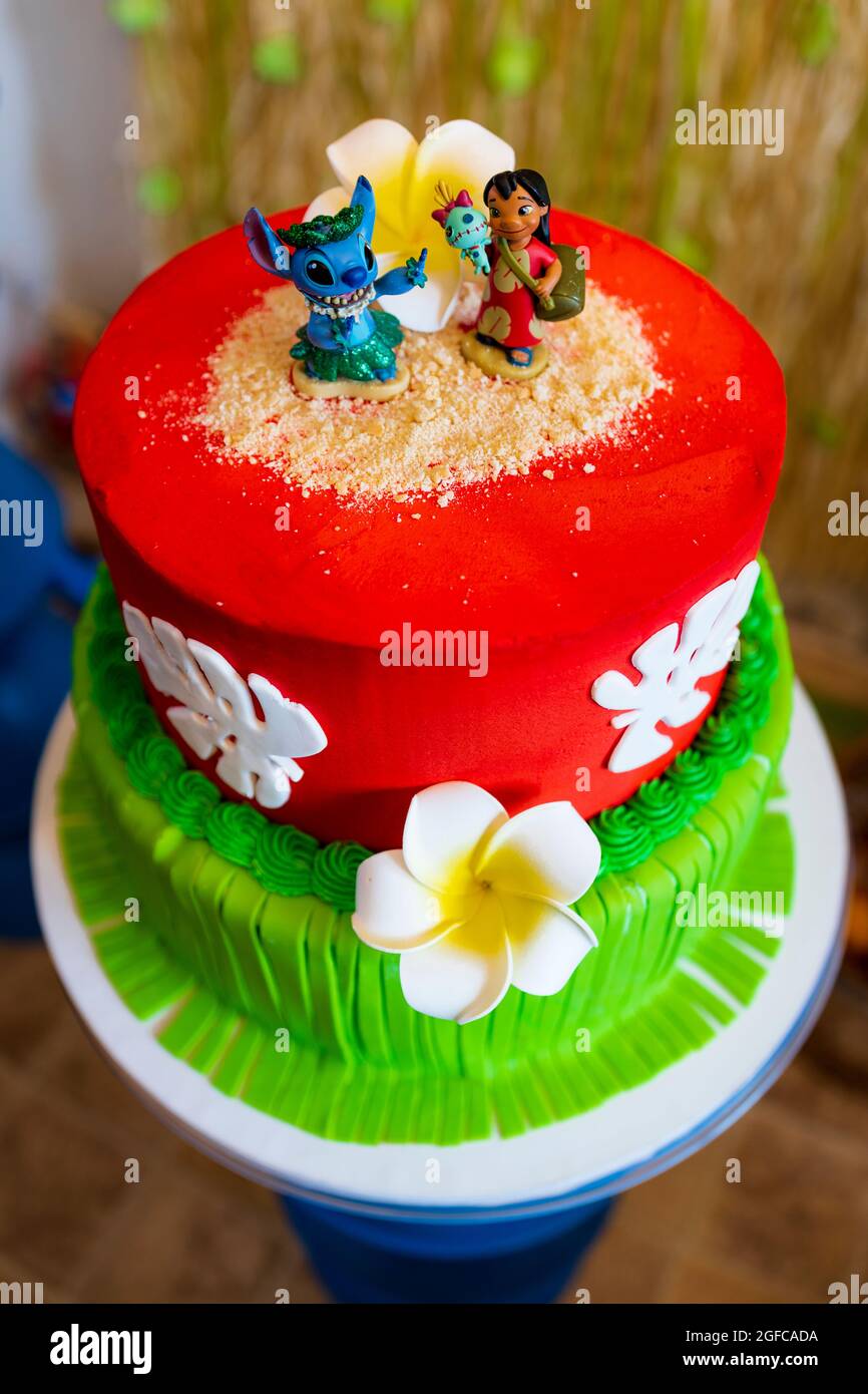 New York, USA - June 25, 2021: Close-up View of a Birthday Party with Lilo and Stitch Theme. Stock Photo