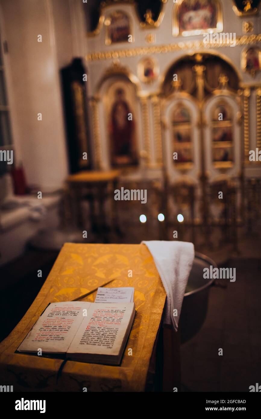 Orthodox Christian Cross, Holy Bible and utensils in the church