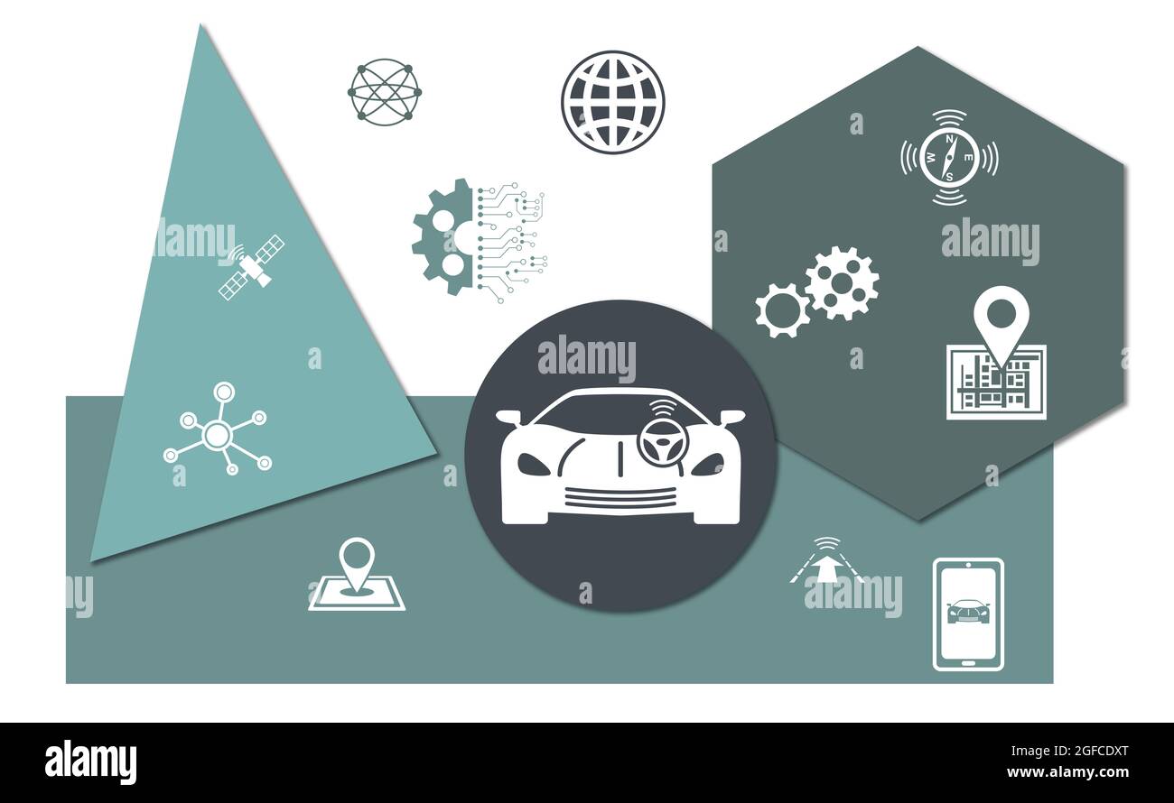 Concept of driverless car with icons on geometric shapes background ...