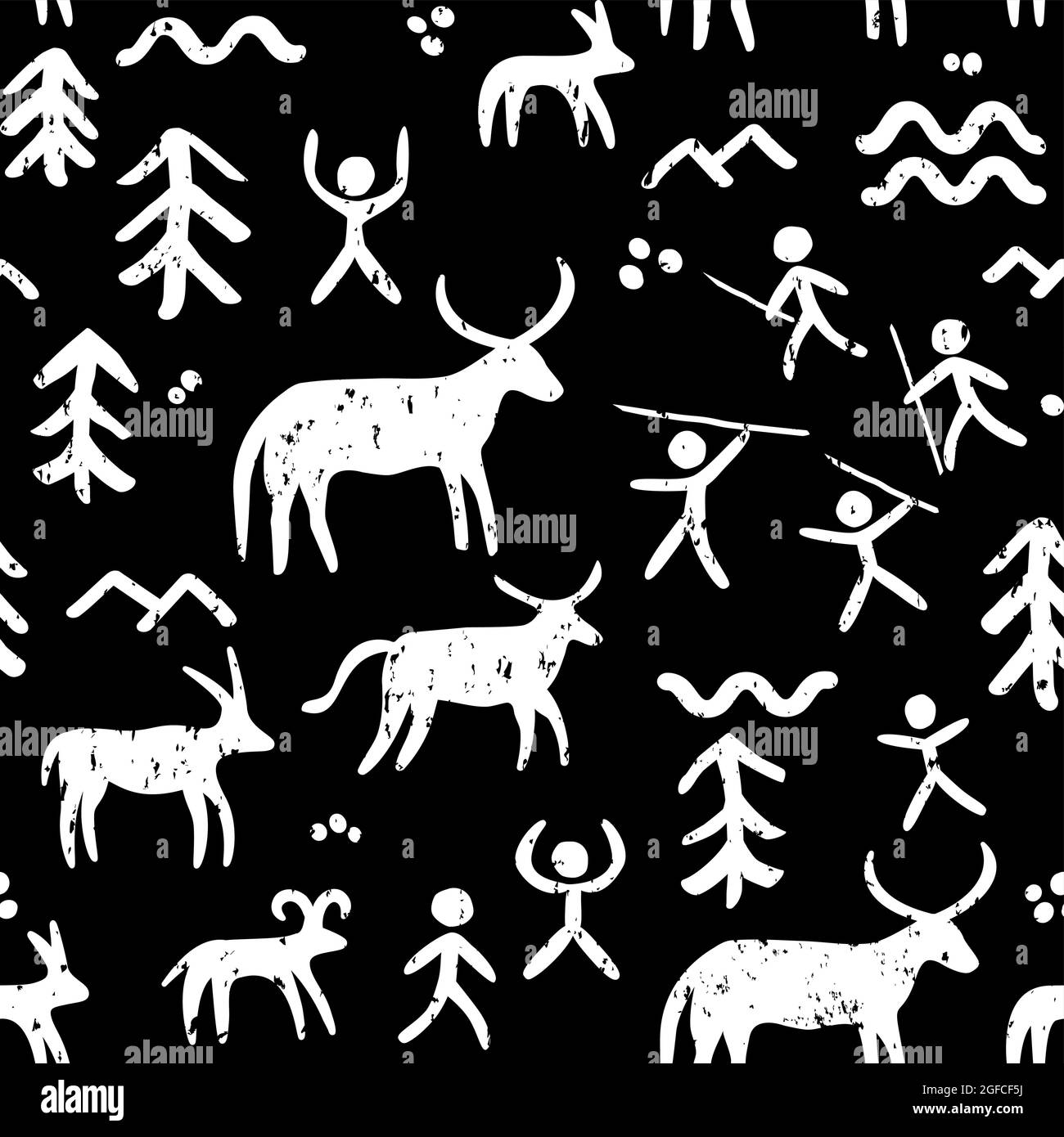 Cave paintings vector seamless pattern, repetitive background inspired by prehistoric art with cavemen hunting animals in white on black Stock Vector