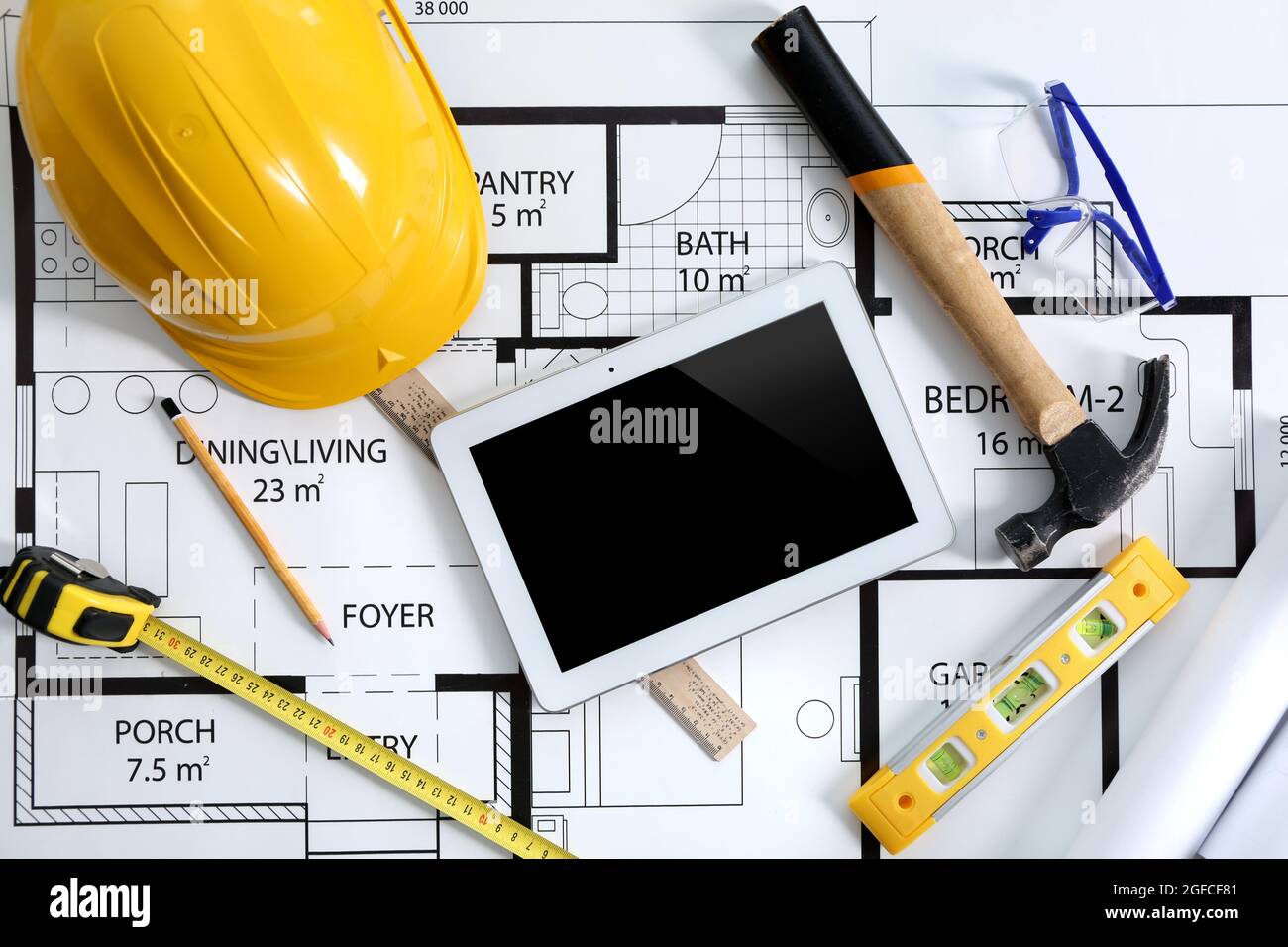 Construction drawing with tools and tablet, top view Stock Photo Alamy
