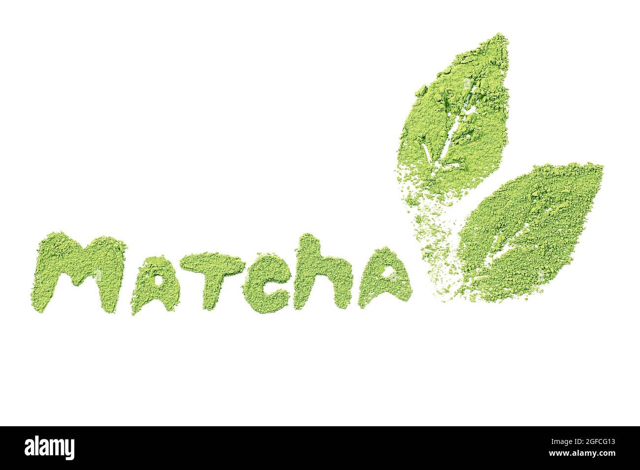 Matcha word by powdered matcha green tea, isolated on white Stock Photo