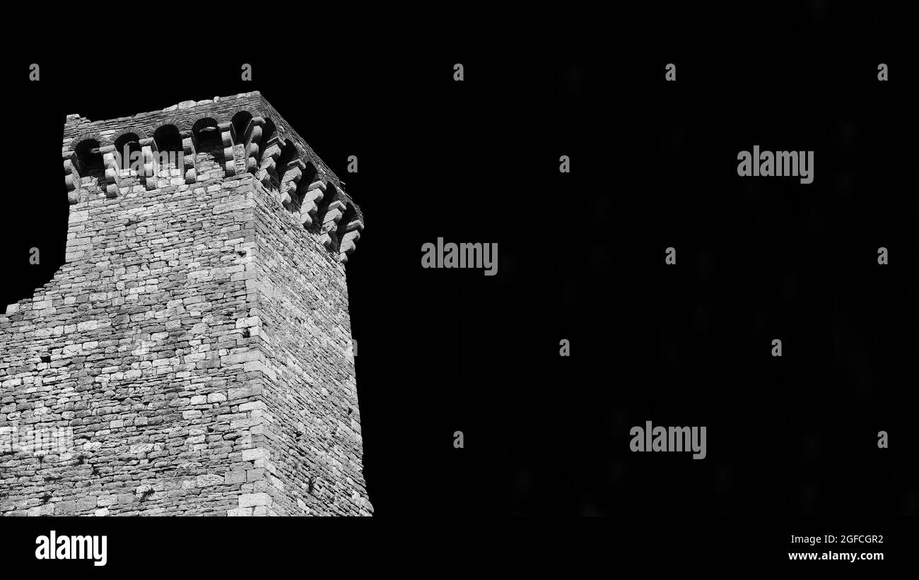 Medieval walls in Italy. Assisi ancient medieval walls ruins (Black and white with copy space) Stock Photo