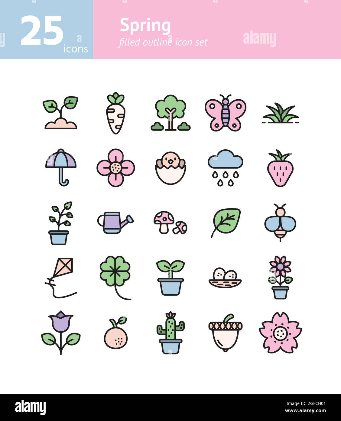 Spring filled outline icon set. Vector and Illustration. Stock Vector