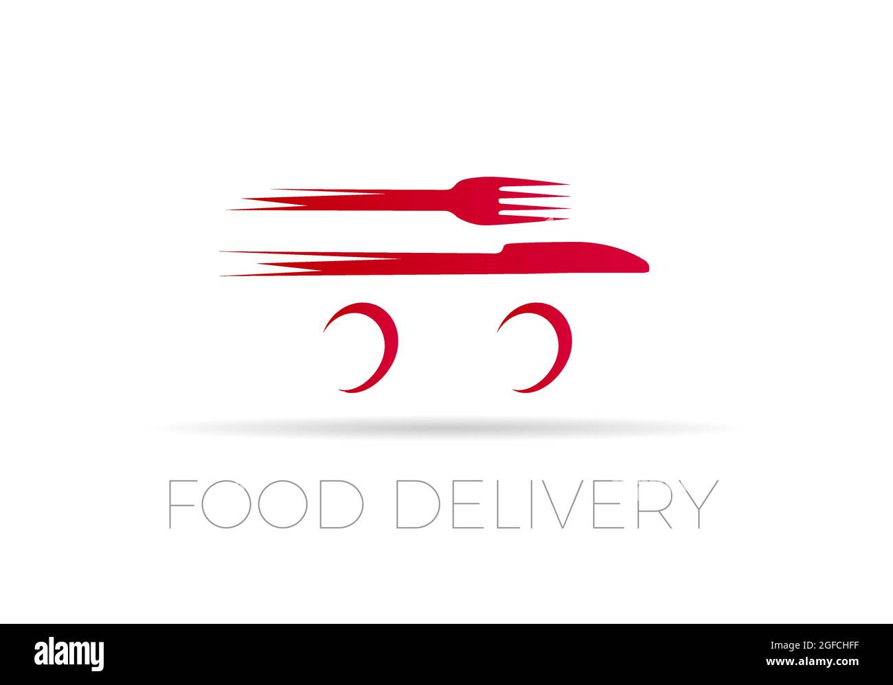 Fork and knife on the running wheels. Food delivery. Vector logo Stock