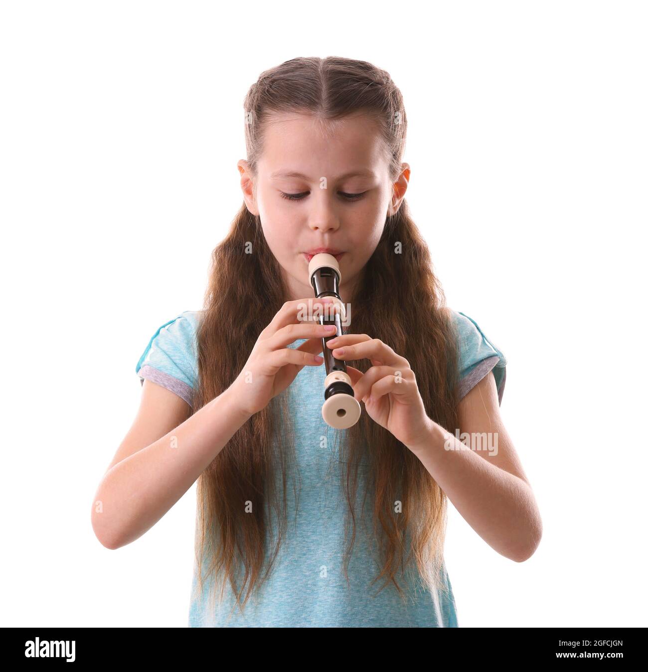 Little girl playing flute, isolated on white Stock Photo Alamy