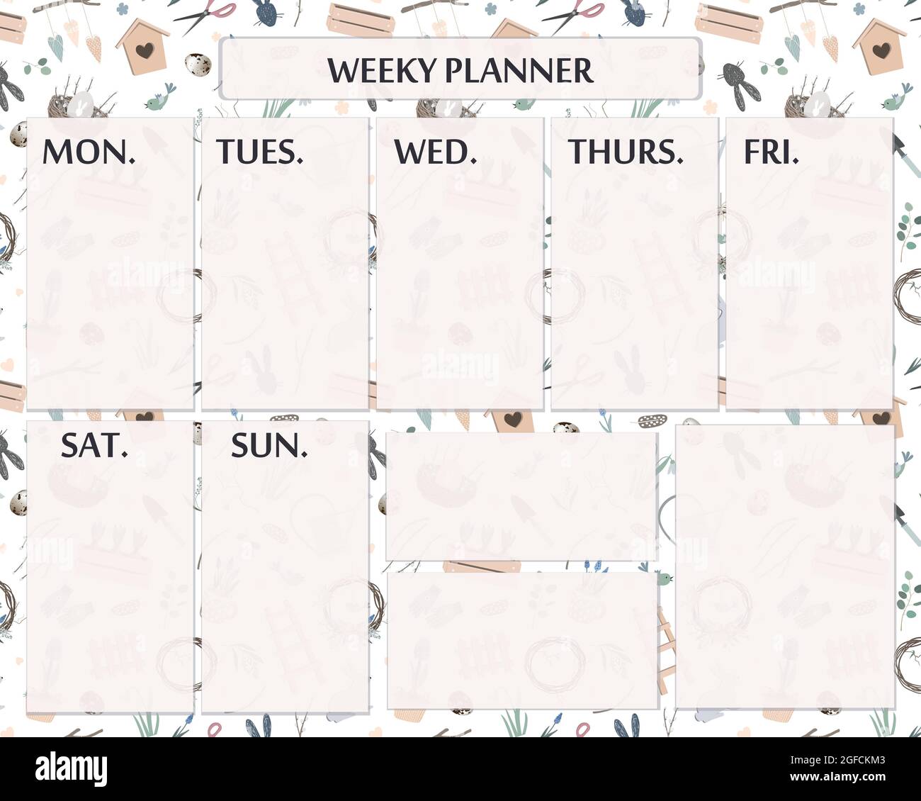 Elegant and cute weekly planner template with spring garden objects