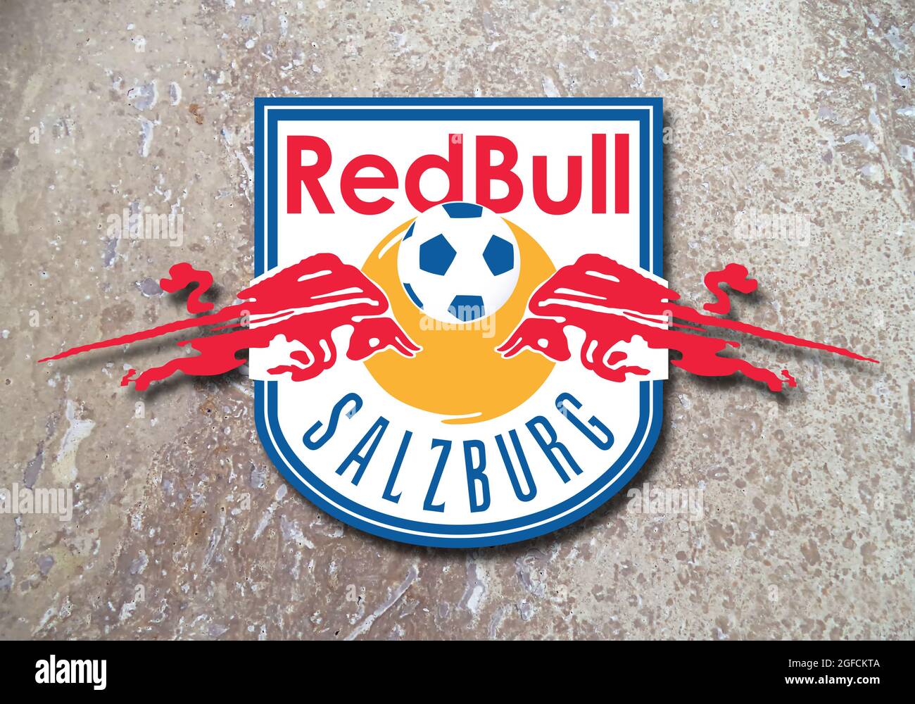 Coat of arms FC Red Bull Salzburg, football club from Austria, concrete  background Stock Photo - Alamy