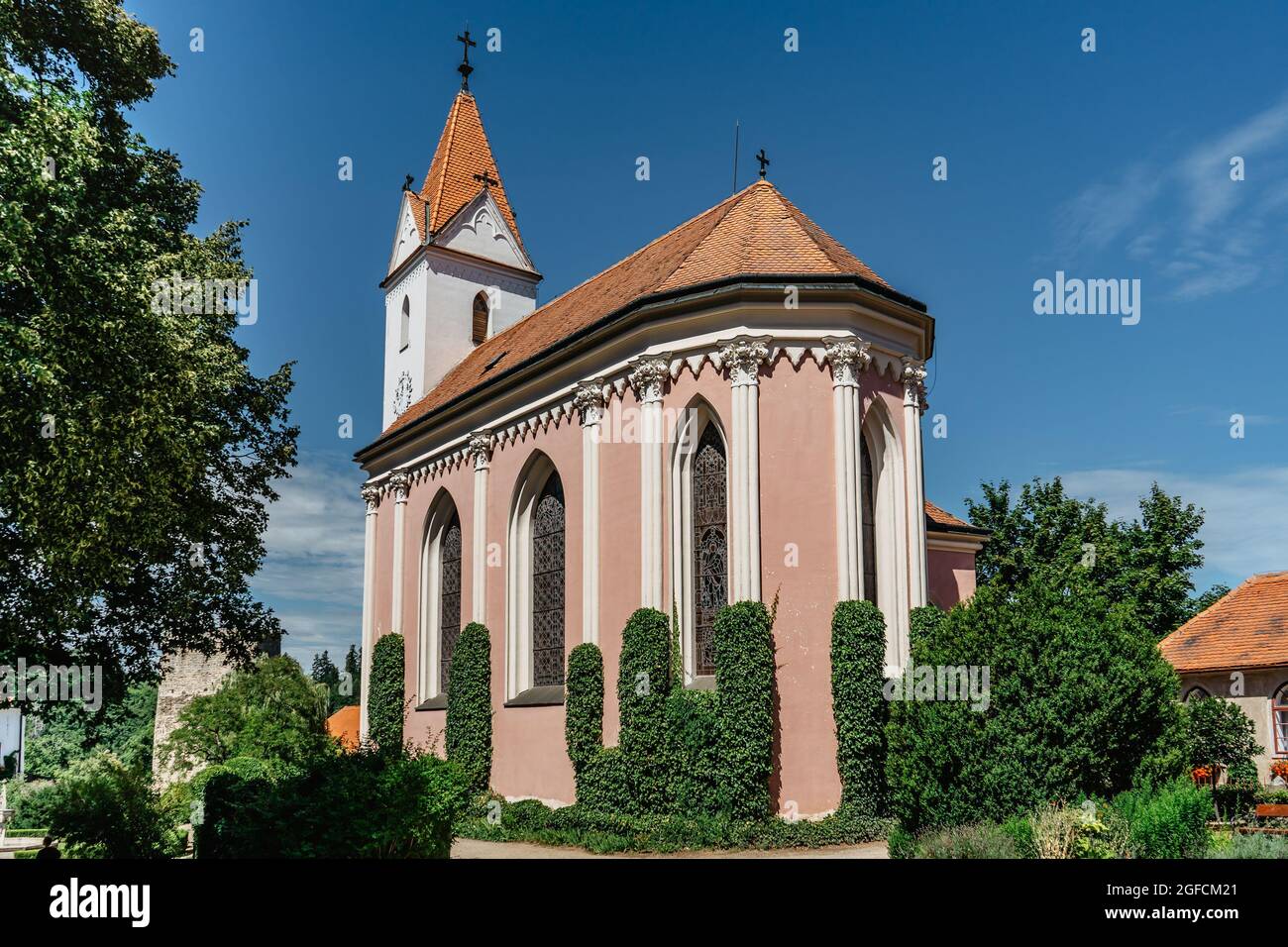 Castle church of the Assumption of Virgin Mary situated in complex of Bitov Castle, Czech Republic.Popular Gothic chateau near Czech-Austrian border. Stock Photo