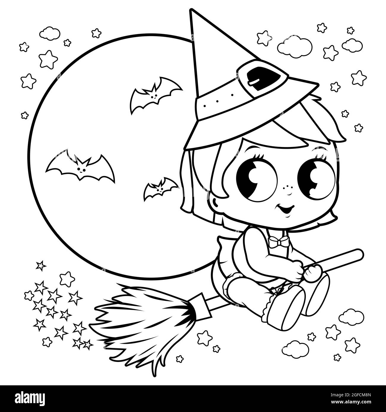 Baby Halloween witch flying with broom in the night sky. Black and white coloring page. Stock Photo