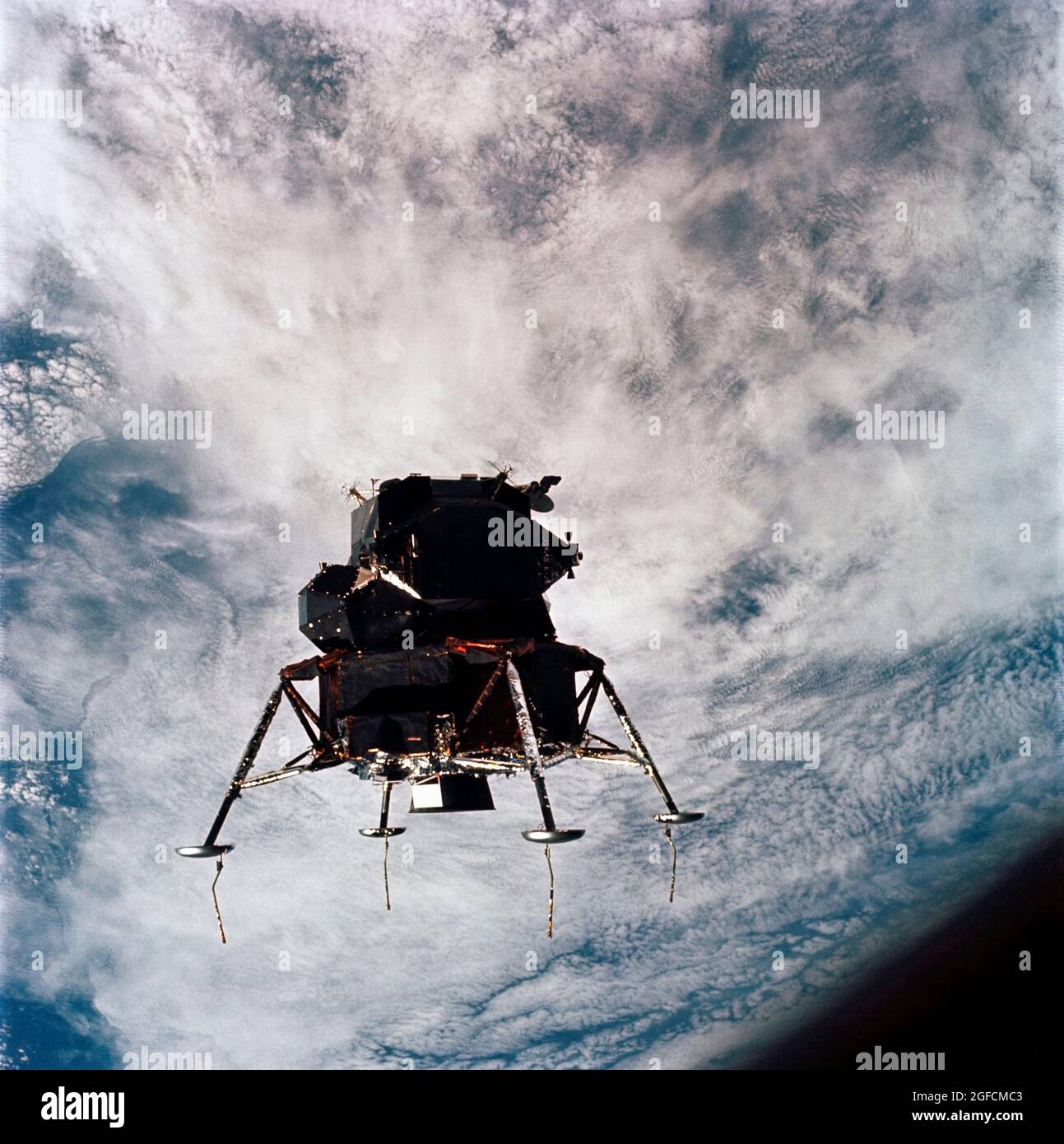 (7 March 1969) --- Excellent view of the Apollo 9 Lunar Module, 'Spider,' in a lunar landing configuration, as photographed from the Command and Service Modules on the fifth day of the Apollo 9 Earth-orbital mission. The landing gear on the 'Spider' has been deployed. Lunar surface probes (sensors) extend out from the landing gear foot pads. Inside the 'Spider' were astronauts James A. McDivitt, Apollo 9 commander; and Russell L. Schweickart, lunar module pilot Stock Photo