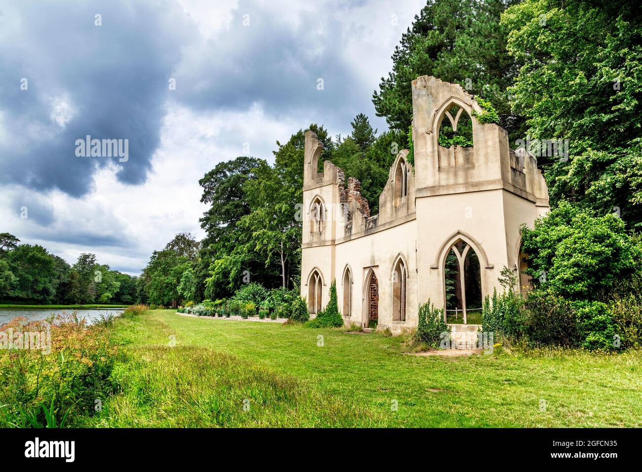 The Ruined Abbey - 18th century Gothic ruin at Painshill Park, Cobham, Surrey, UK Stock Photo