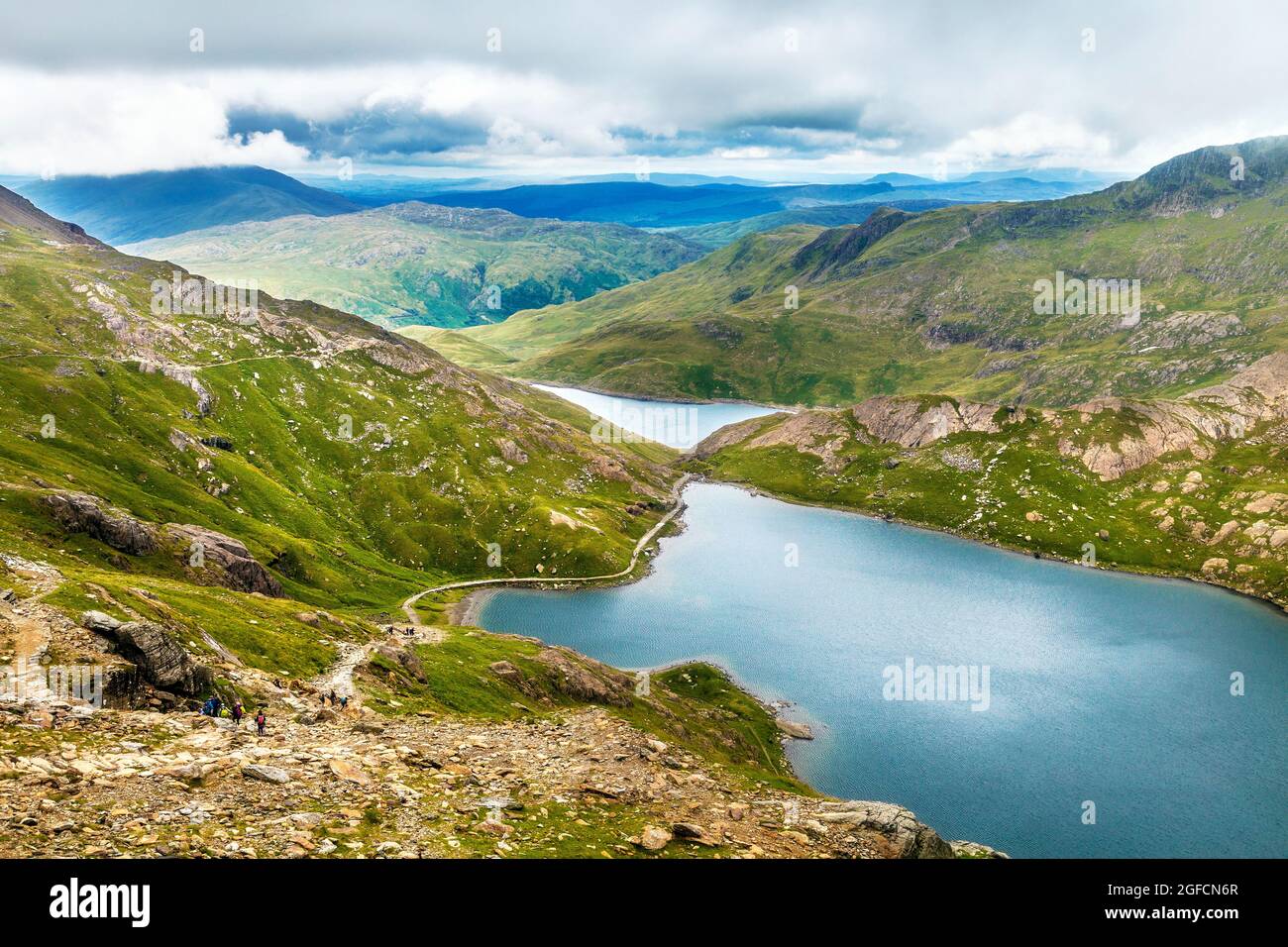 View of Glaslyn lake and Llyn Llydaw lake further back from the trail towards Snowdon summit, Snowdonia National Park, Wales, UK Stock Photo